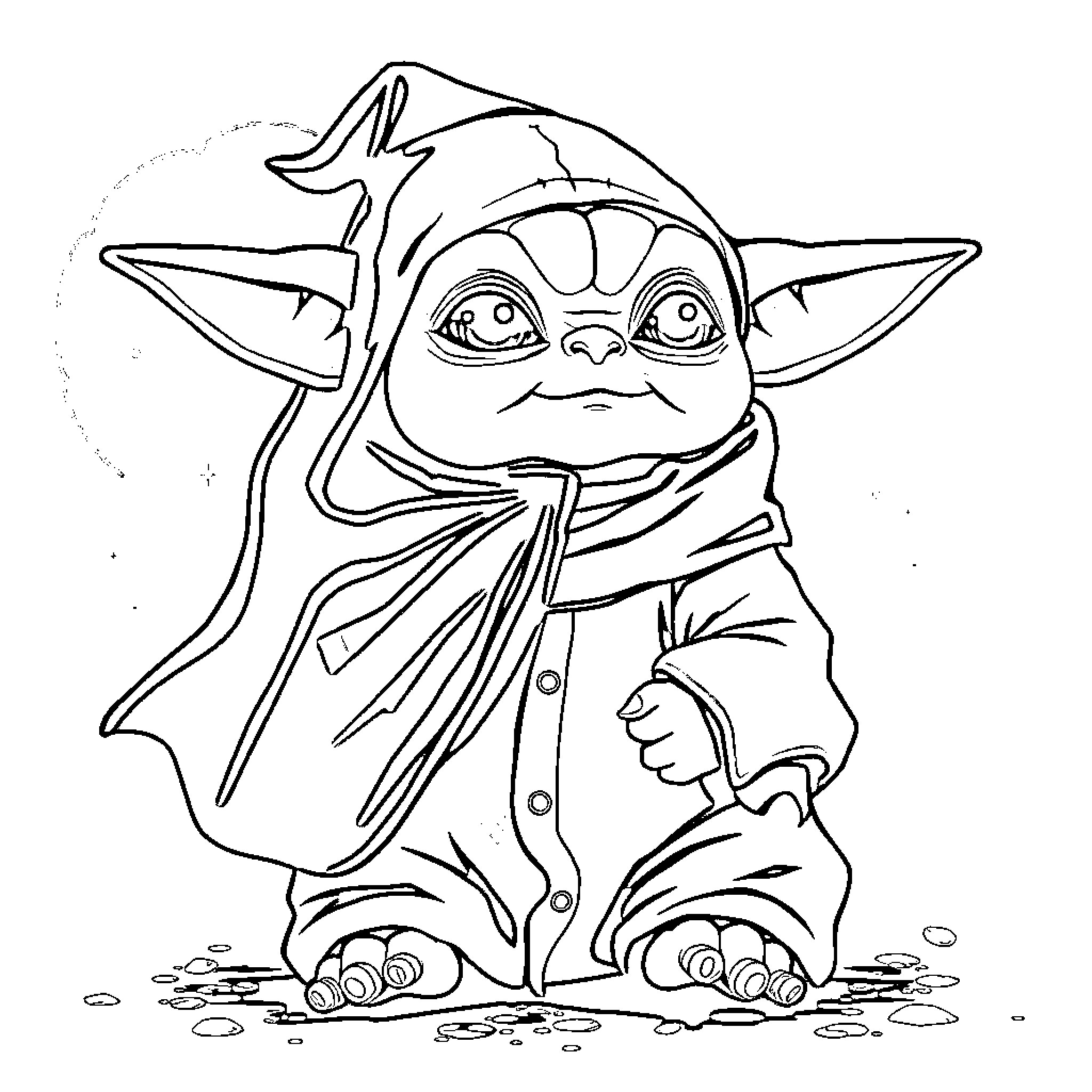 Baby Yoda in cozy outfit exploring outdoors Coloring Page (free black-and-white line drawing printable PDF for all, from beginners to advanced learners, including children, teens, adults, and seniors)
