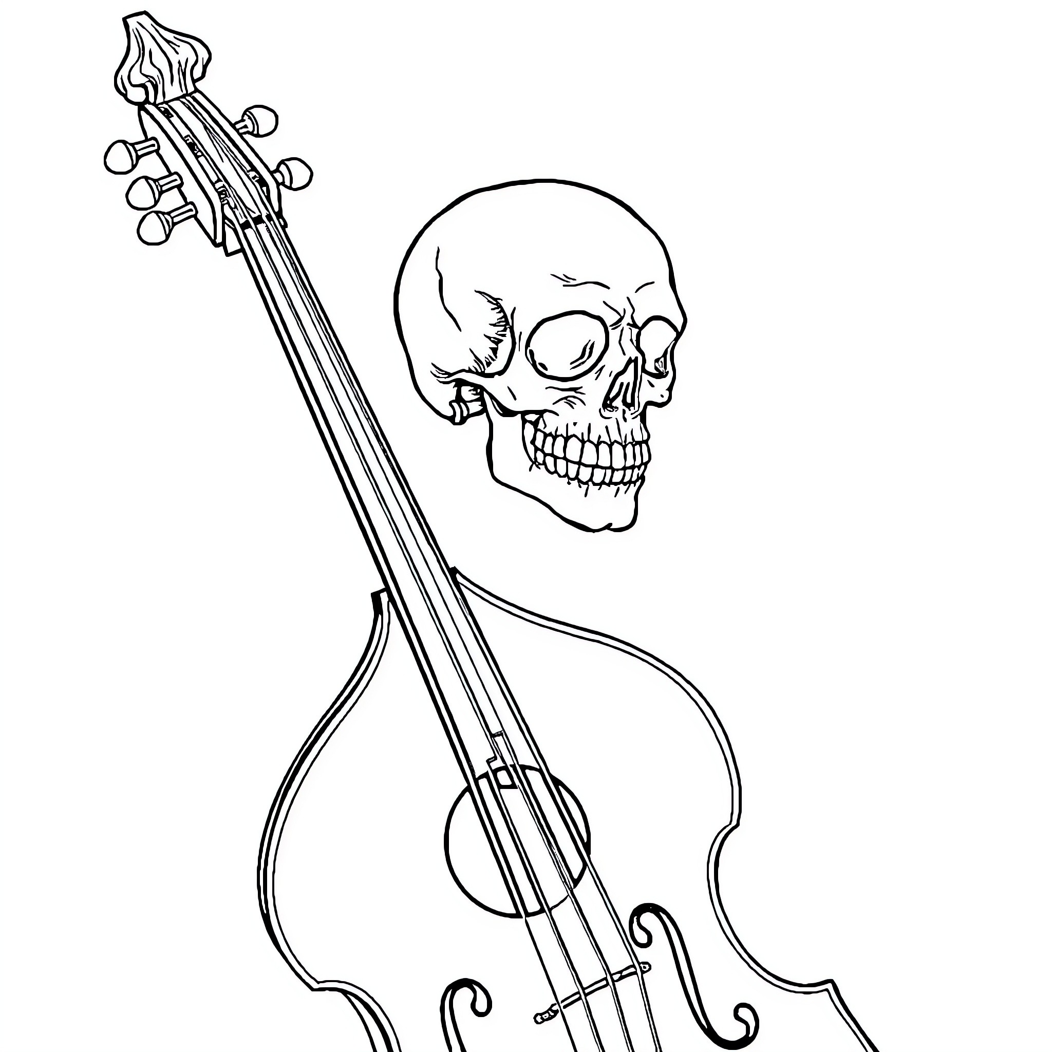 Bass guitar with a skull head Coloring Page (free black-and-white line drawing printable PDF for all, from beginners to advanced learners, including children, teens, adults, and seniors)