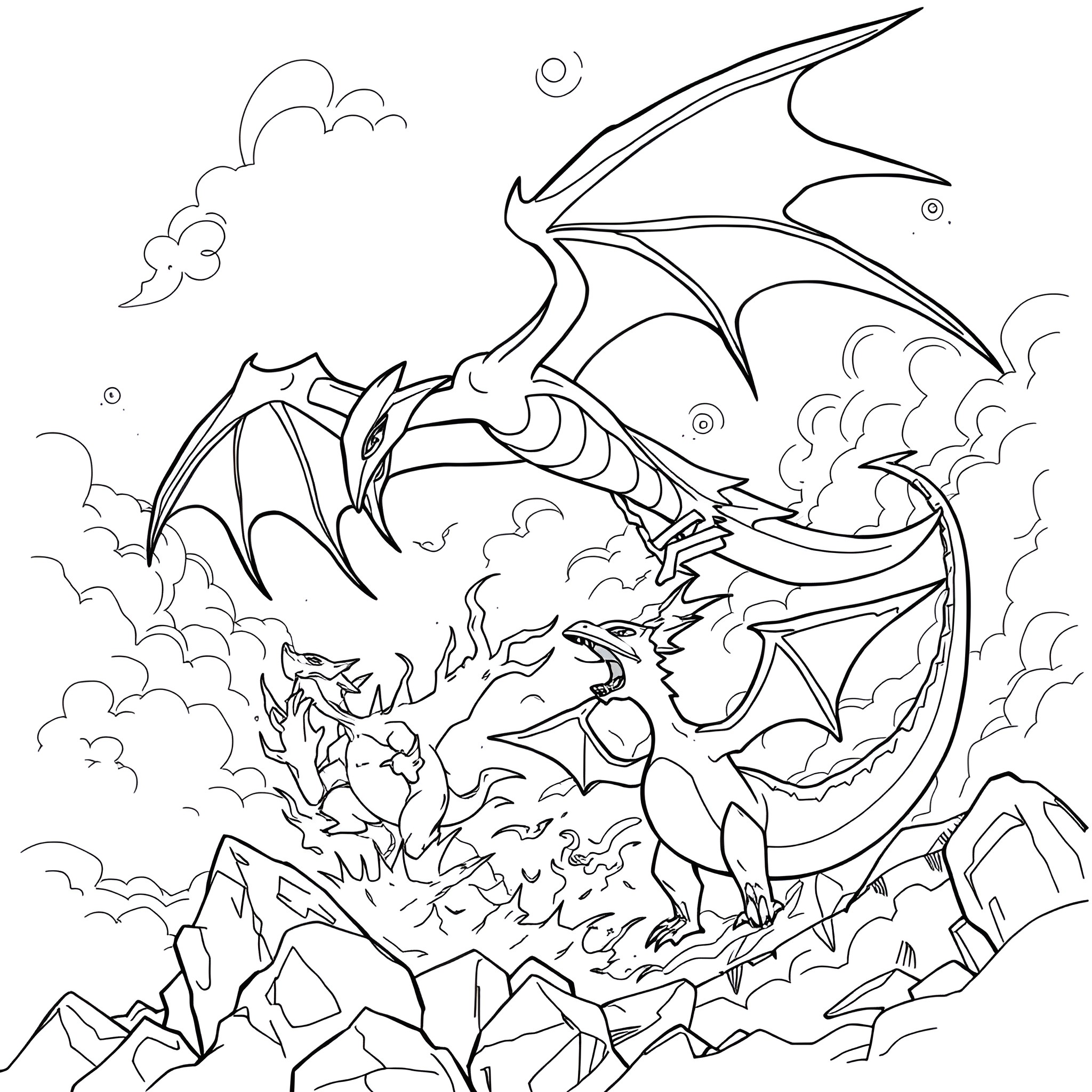 Rayquaza soaring through the stormy skies Coloring Page (free black-and-white line drawing printable PDF for all, from beginners to advanced learners, including children, teens, adults, and seniors)