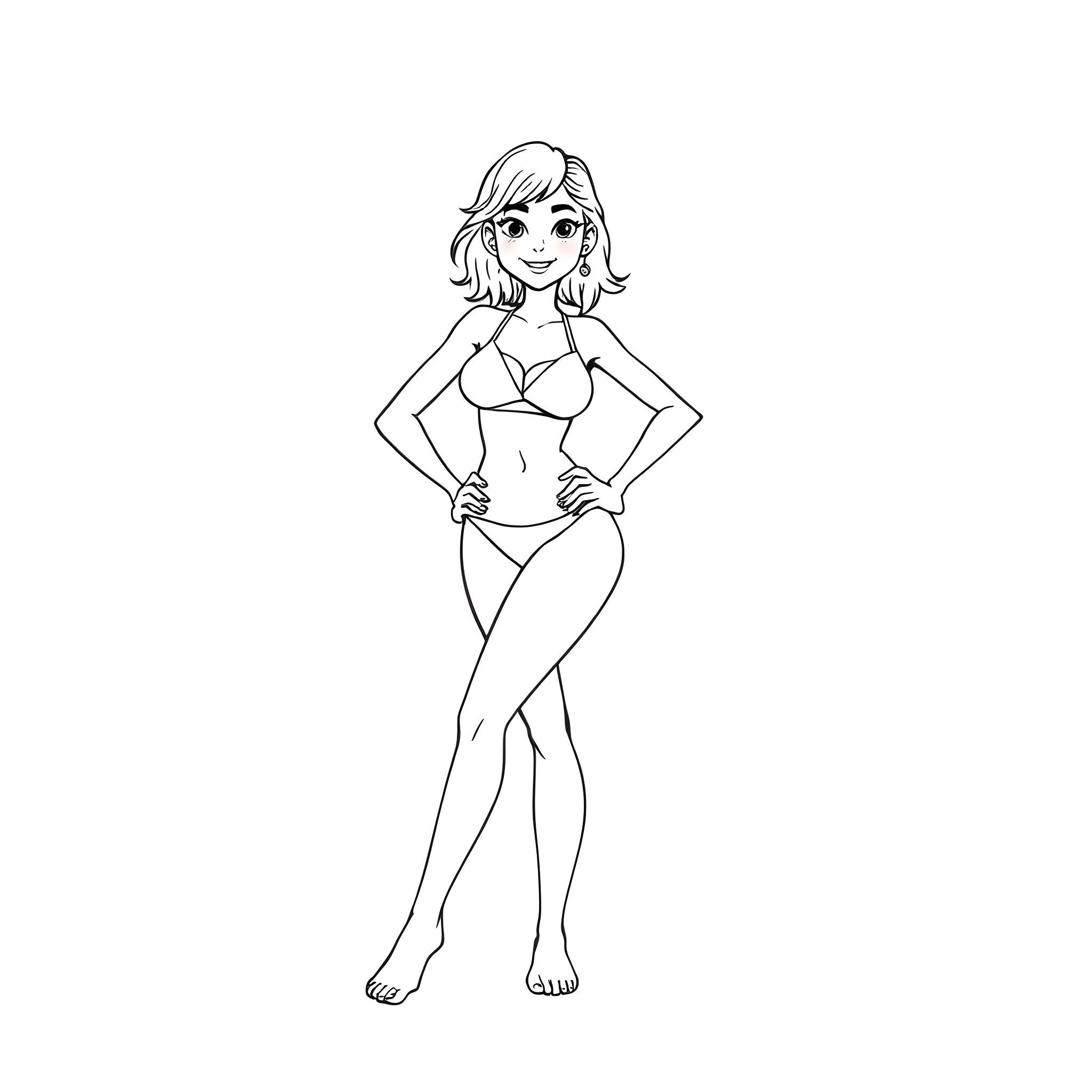 Girl in stylish swimsuit posing confidently Coloring Page (free black-and-white line drawing printable PDF for all, from beginners to advanced learners, including children, teens, adults, and seniors)