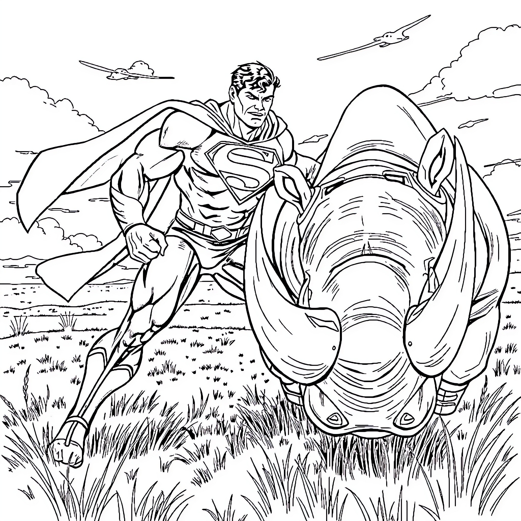 Superman soaring through the sky with a rhinoceros Coloring Page (free black-and-white line drawing printable PDF for all, from beginners to advanced learners, including children, teens, adults, and seniors)