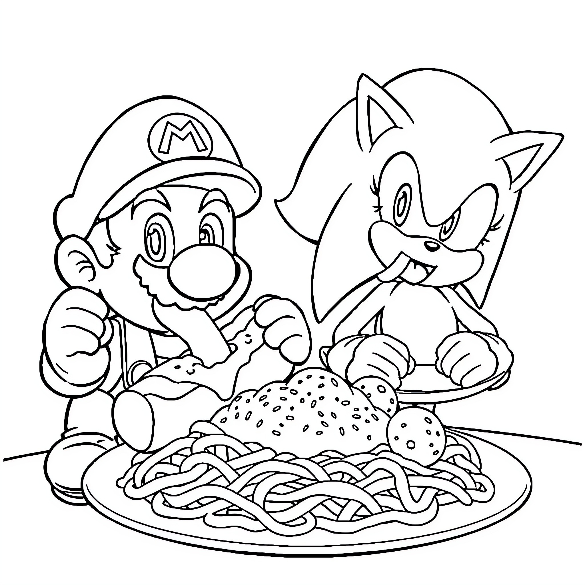 Mario enjoying spaghetti with Sonic Coloring Page (free black-and-white line drawing printable PDF for all, from beginners to advanced learners, including children, teens, adults, and seniors)