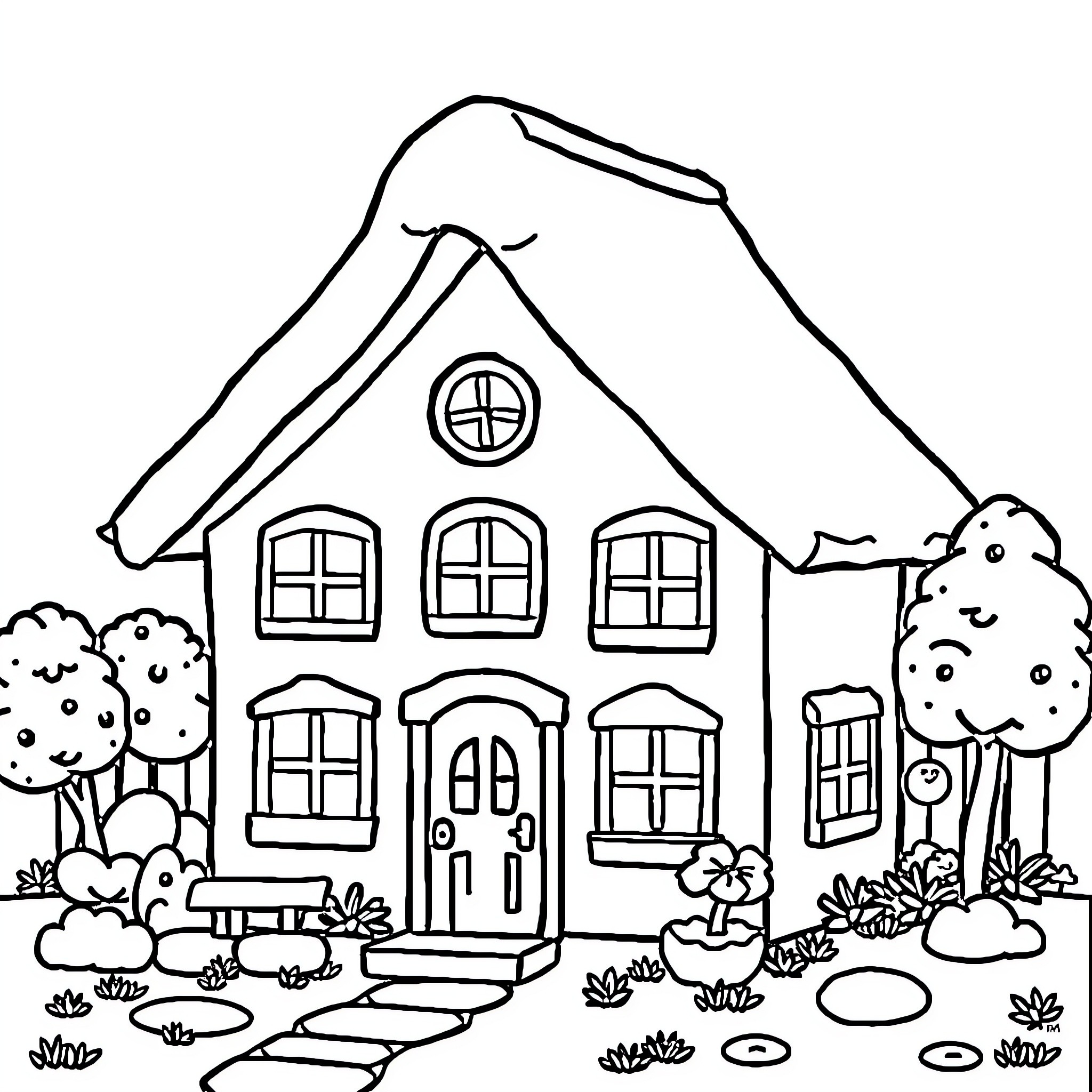 House with cozy cottage scenery Coloring Page (free black-and-white line drawing printable PDF for all, from beginners to advanced learners, including children, teens, adults, and seniors)