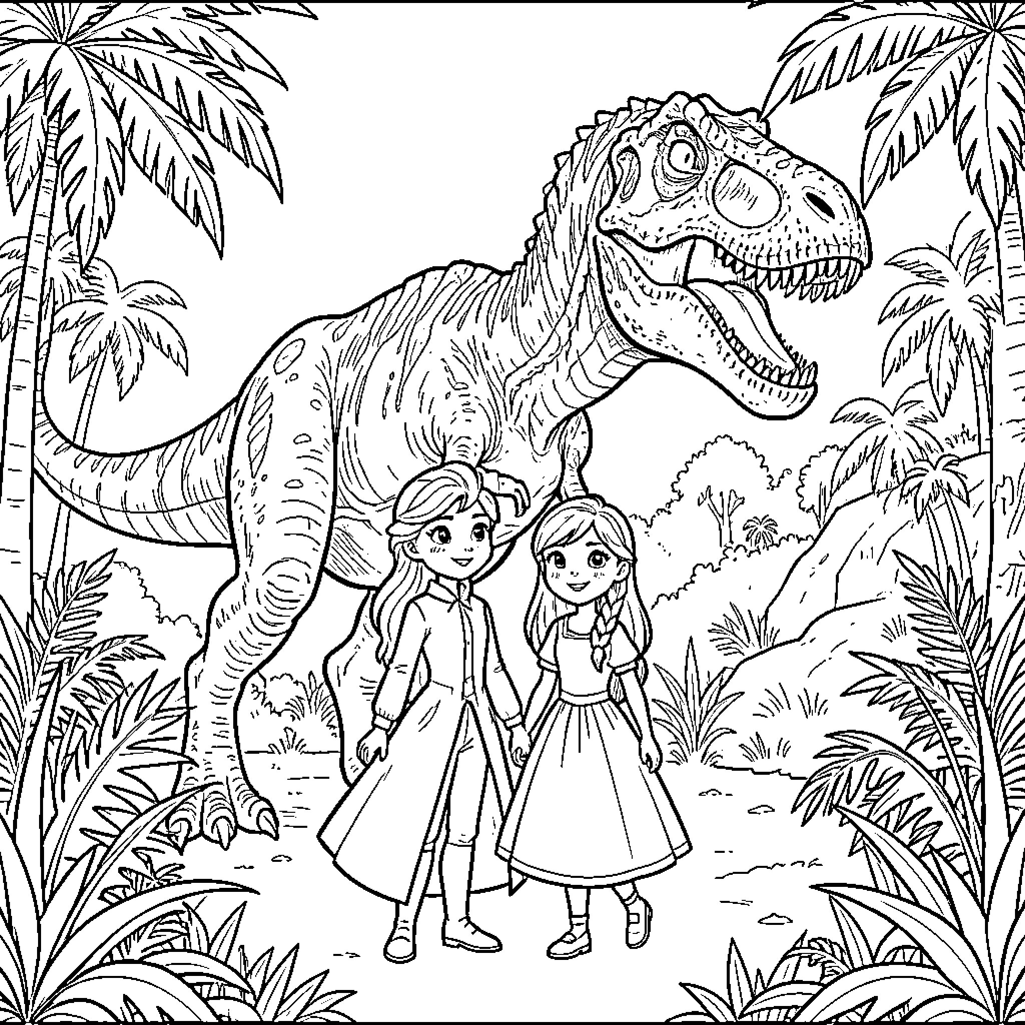Elsa standing smiling next to a large dinosaur Coloring Page (free black-and-white line drawing printable PDF for all, from beginners to advanced learners, including children, teens, adults, and seniors)