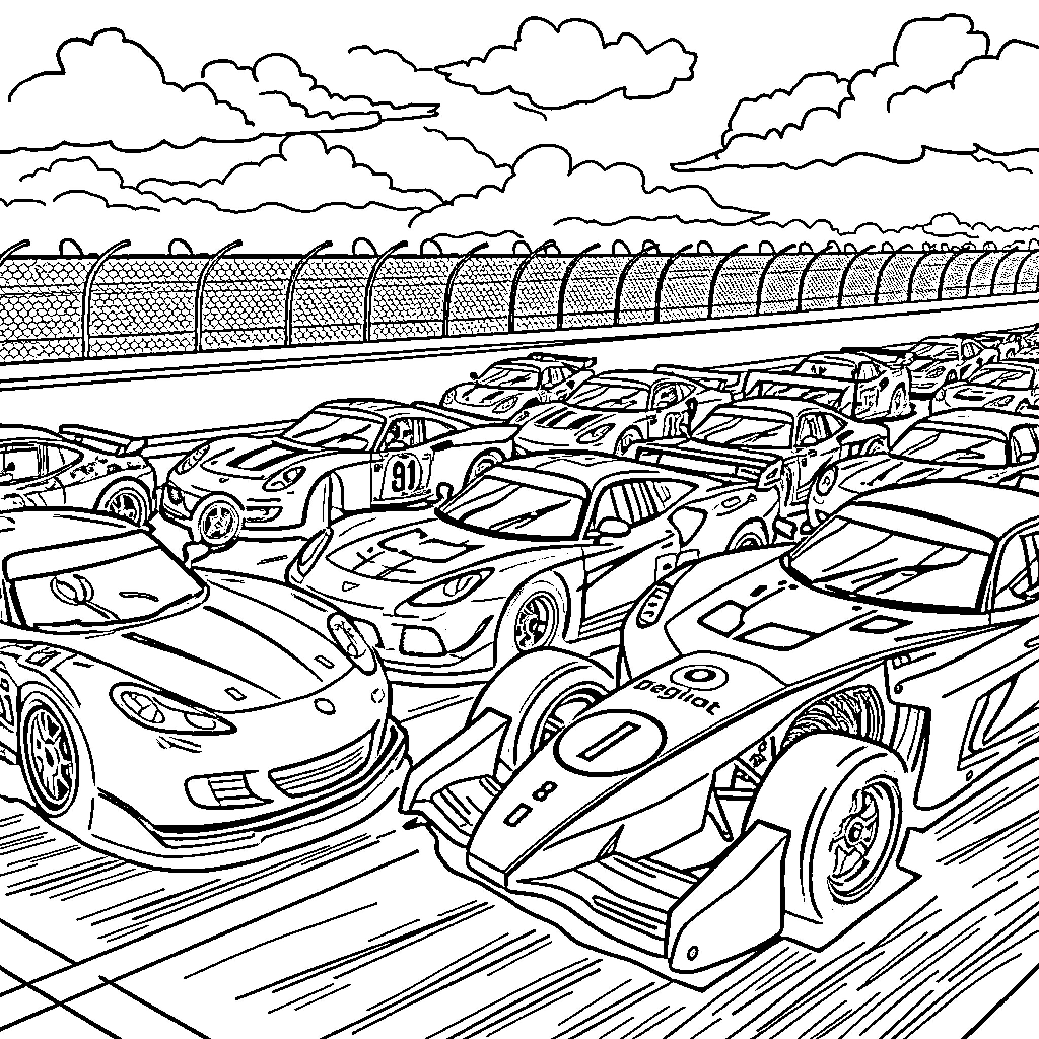 Race Car Drivers Competing on the Track Coloring Page (free black-and-white line drawing printable PDF for all, from beginners to advanced learners, including children, teens, adults, and seniors)