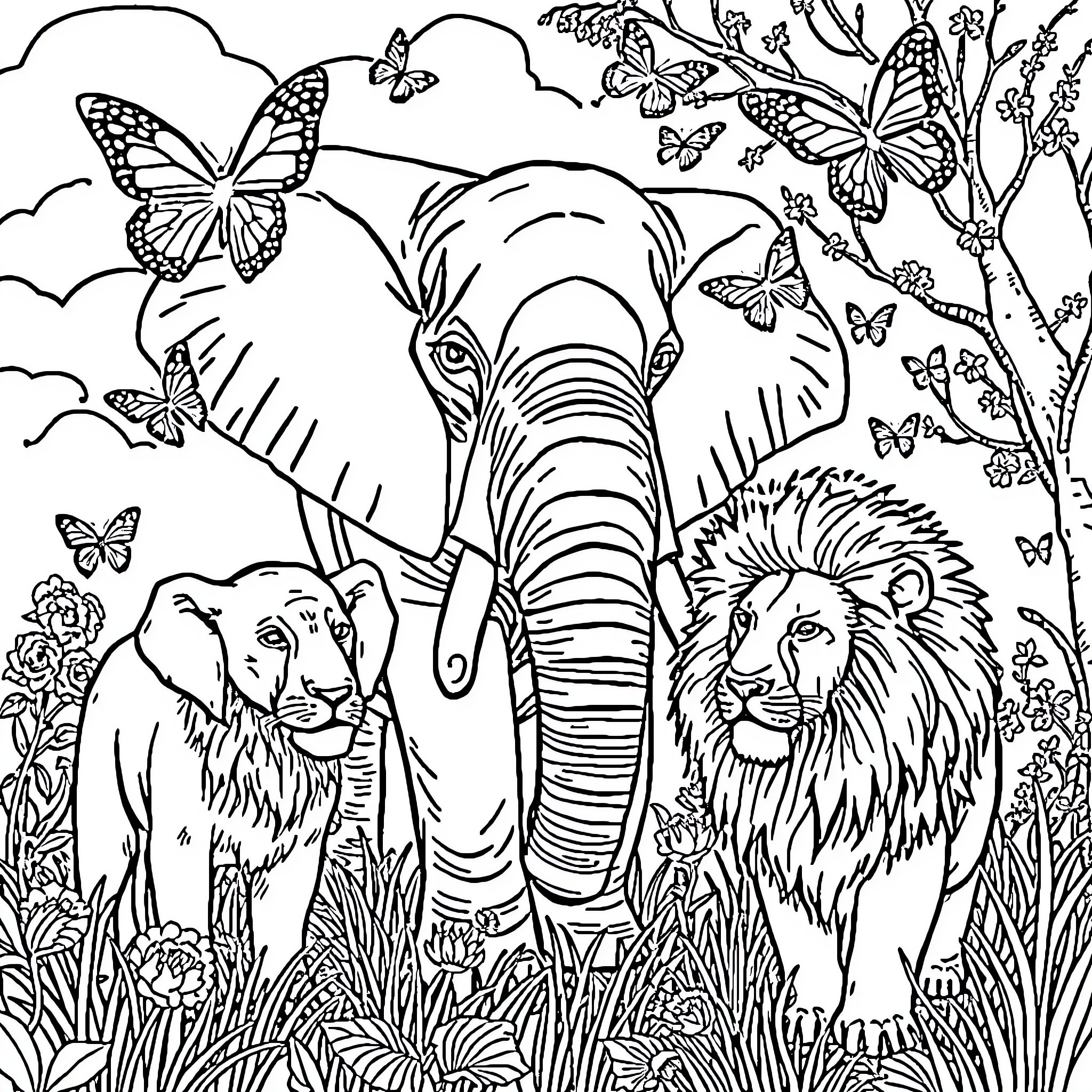 Butterfly Safari in the Lush Jungle Coloring Page (free black-and-white line drawing printable PDF for all, from beginners to advanced learners, including children, teens, adults, and seniors)
