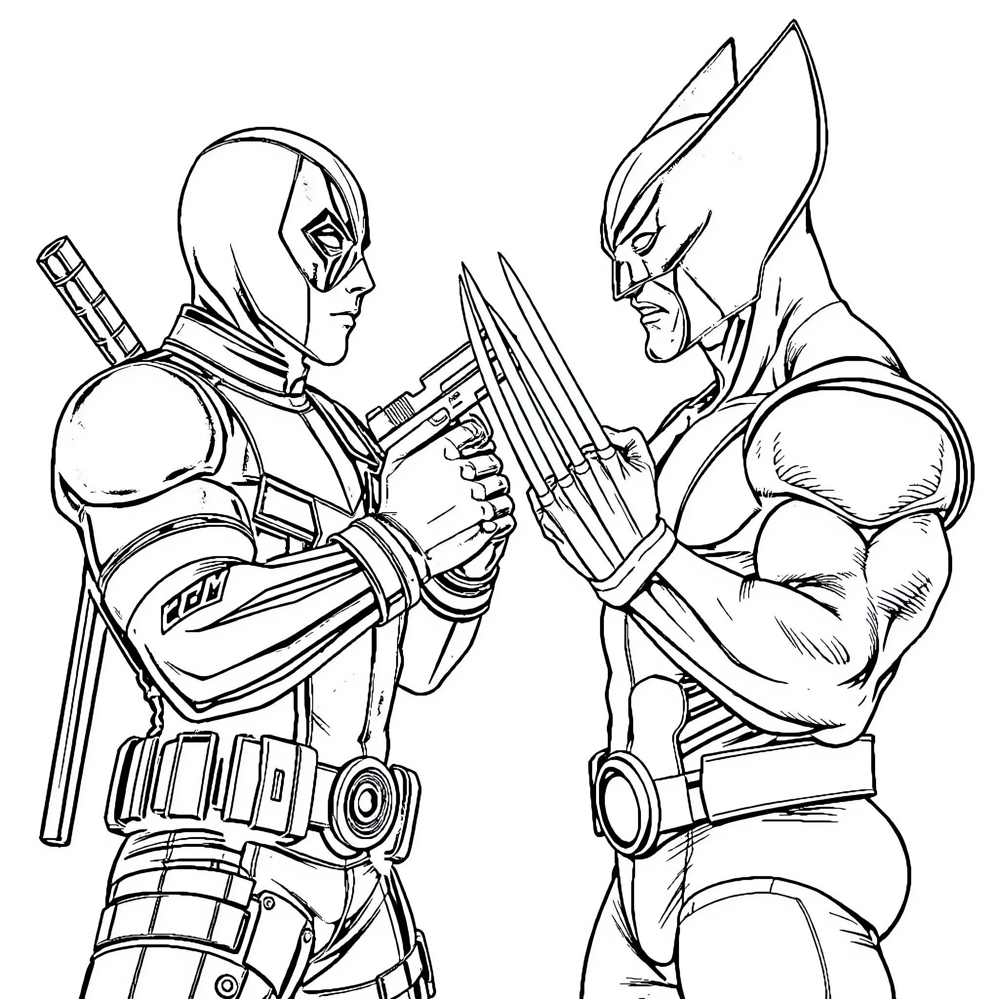 Deadpool facing off with an armed adversary Coloring Page (free black-and-white line drawing printable PDF for all, from beginners to advanced learners, including children, teens, adults, and seniors)