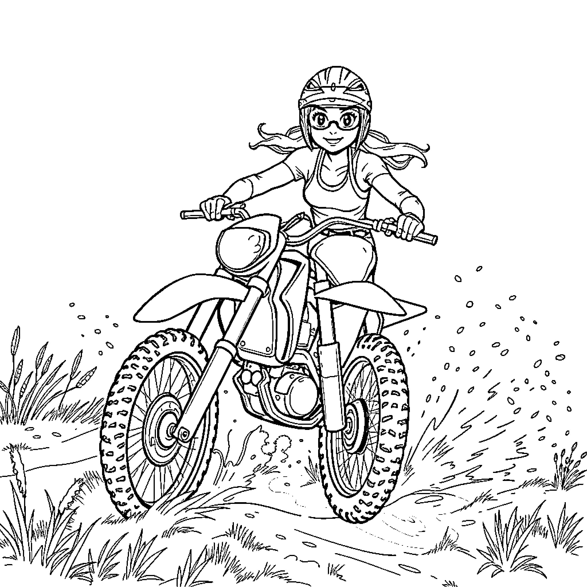 Girl riding dirt bike through the countryside Coloring Page (free black-and-white line drawing printable PDF for all, from beginners to advanced learners, including children, teens, adults, and seniors)