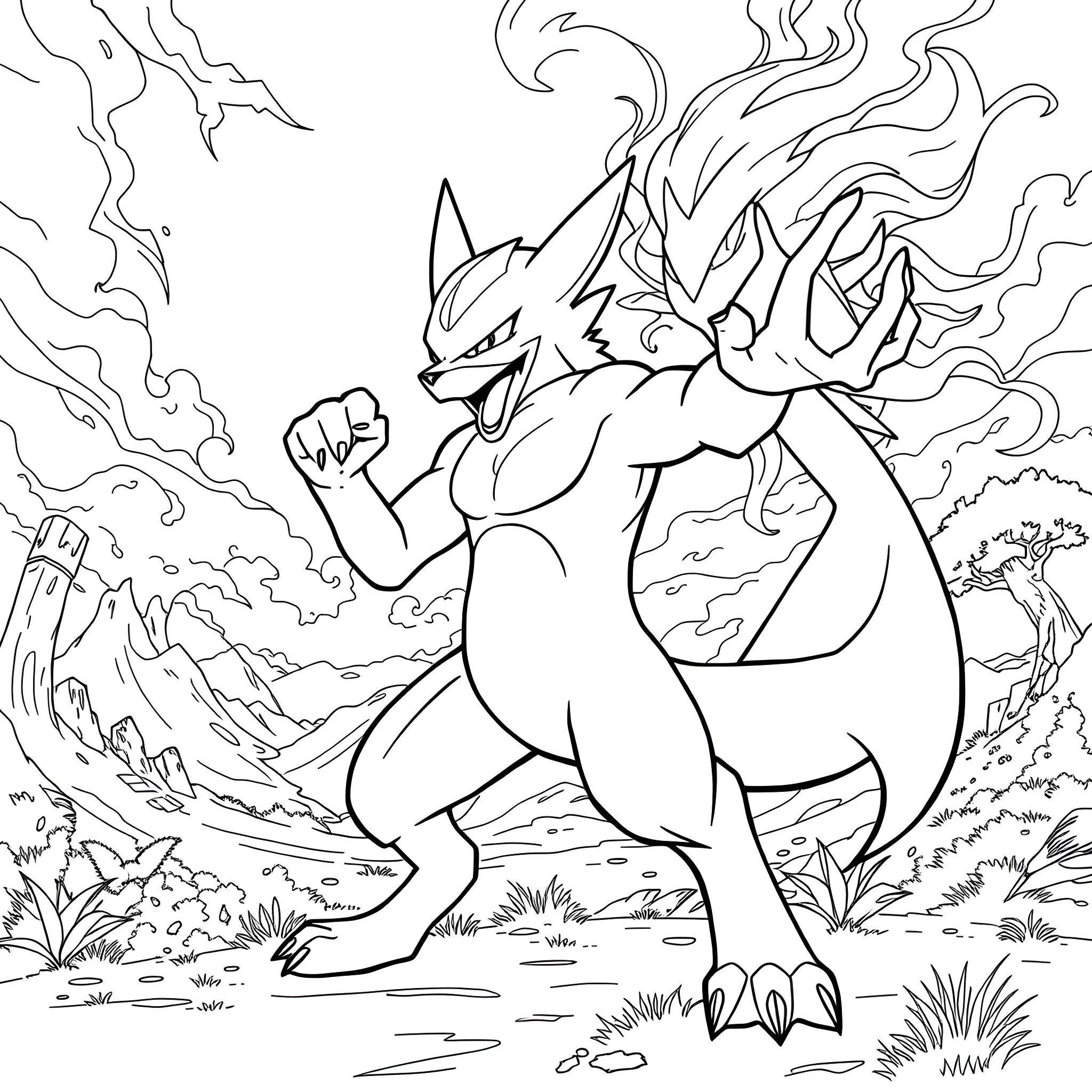 Dogman unleashing fiery fury in the wilderness Coloring Page (free black-and-white line drawing printable PDF for all, from beginners to advanced learners, including children, teens, adults, and seniors)