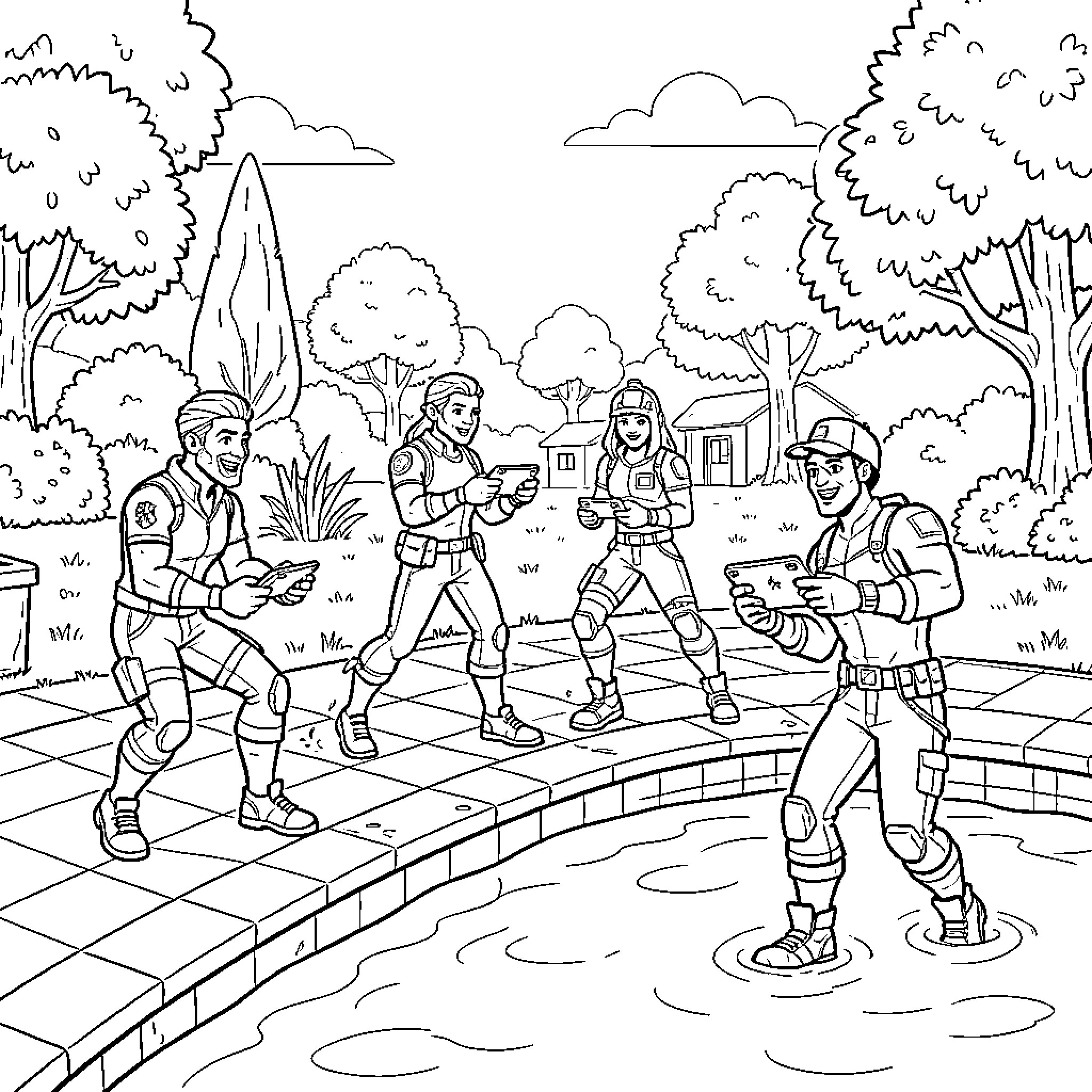 Fortnite Player characters interacting in a park setting Coloring Page (free black-and-white line drawing printable PDF for all, from beginners to advanced learners, including children, teens, adults, and seniors)