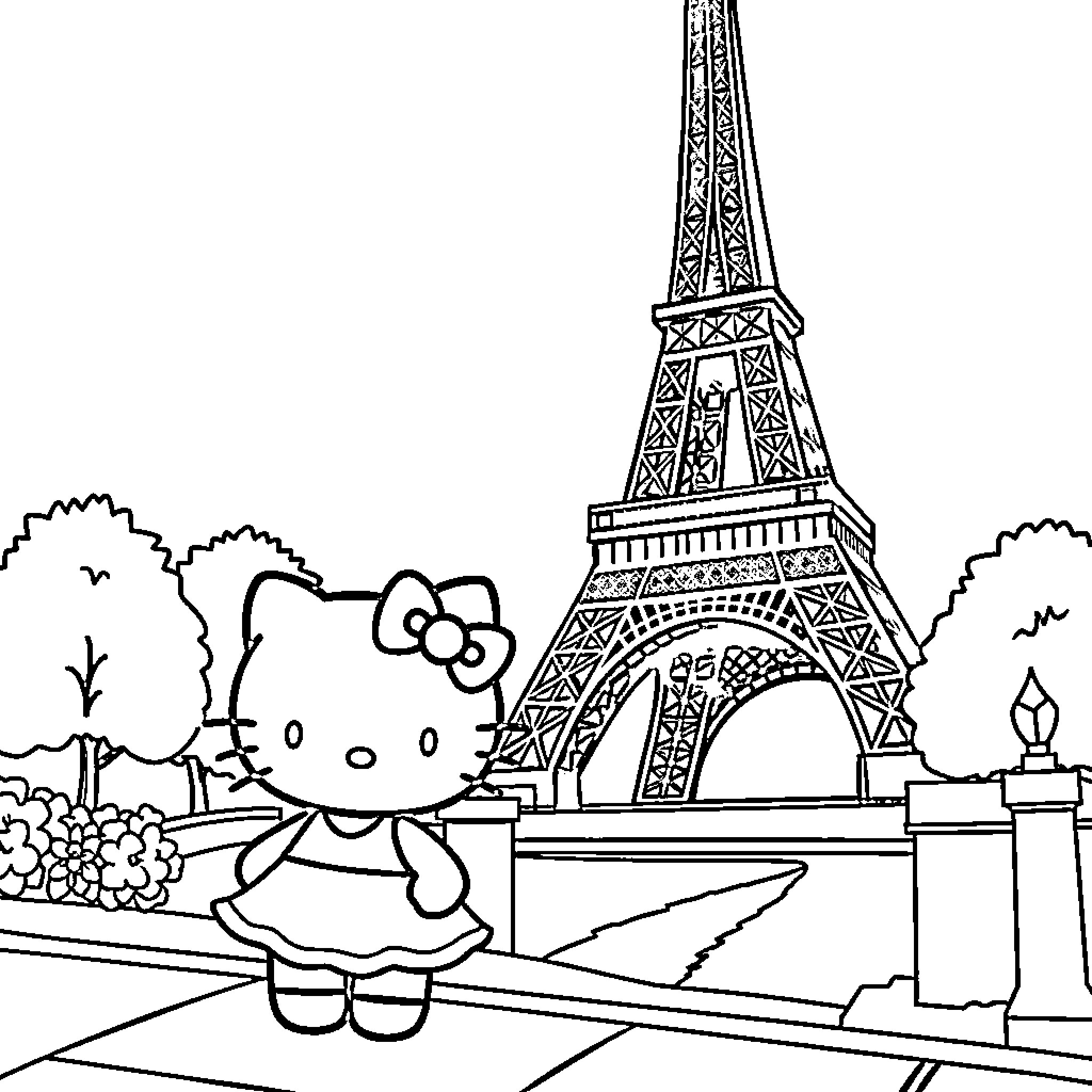 Hello Kitty visits the Eiffel Tower Coloring Page (free black-and-white line drawing printable PDF for all, from beginners to advanced learners, including children, teens, adults, and seniors)