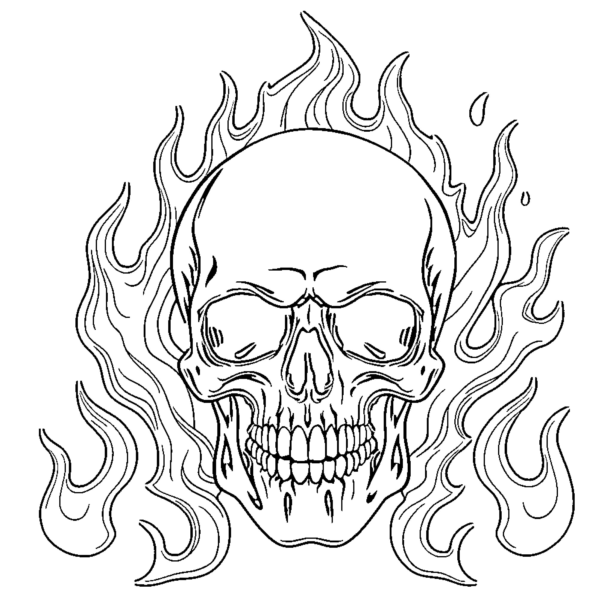 Skull Engulfed in Fiery Flames Coloring Page (free black-and-white line drawing printable PDF for all, from beginners to advanced learners, including children, teens, adults, and seniors)