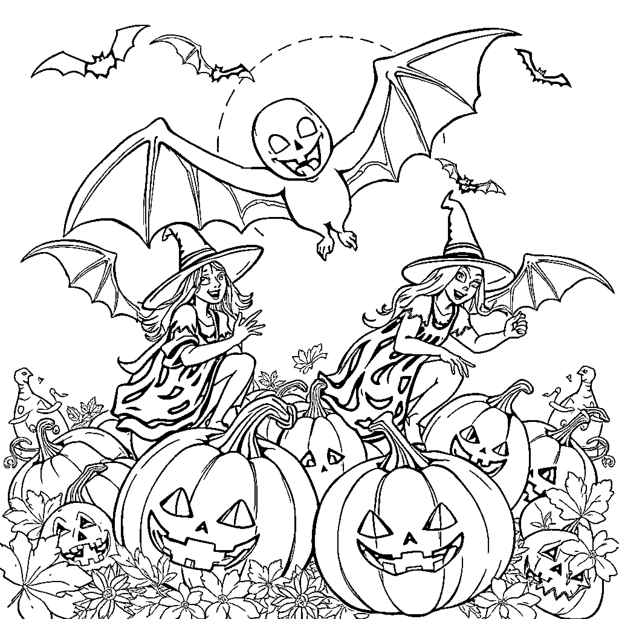 Halloween scene with witches, bats, and jack-o'-lanterns Coloring Page (free black-and-white line drawing printable PDF for all, from beginners to advanced learners, including children, teens, adults, and seniors)