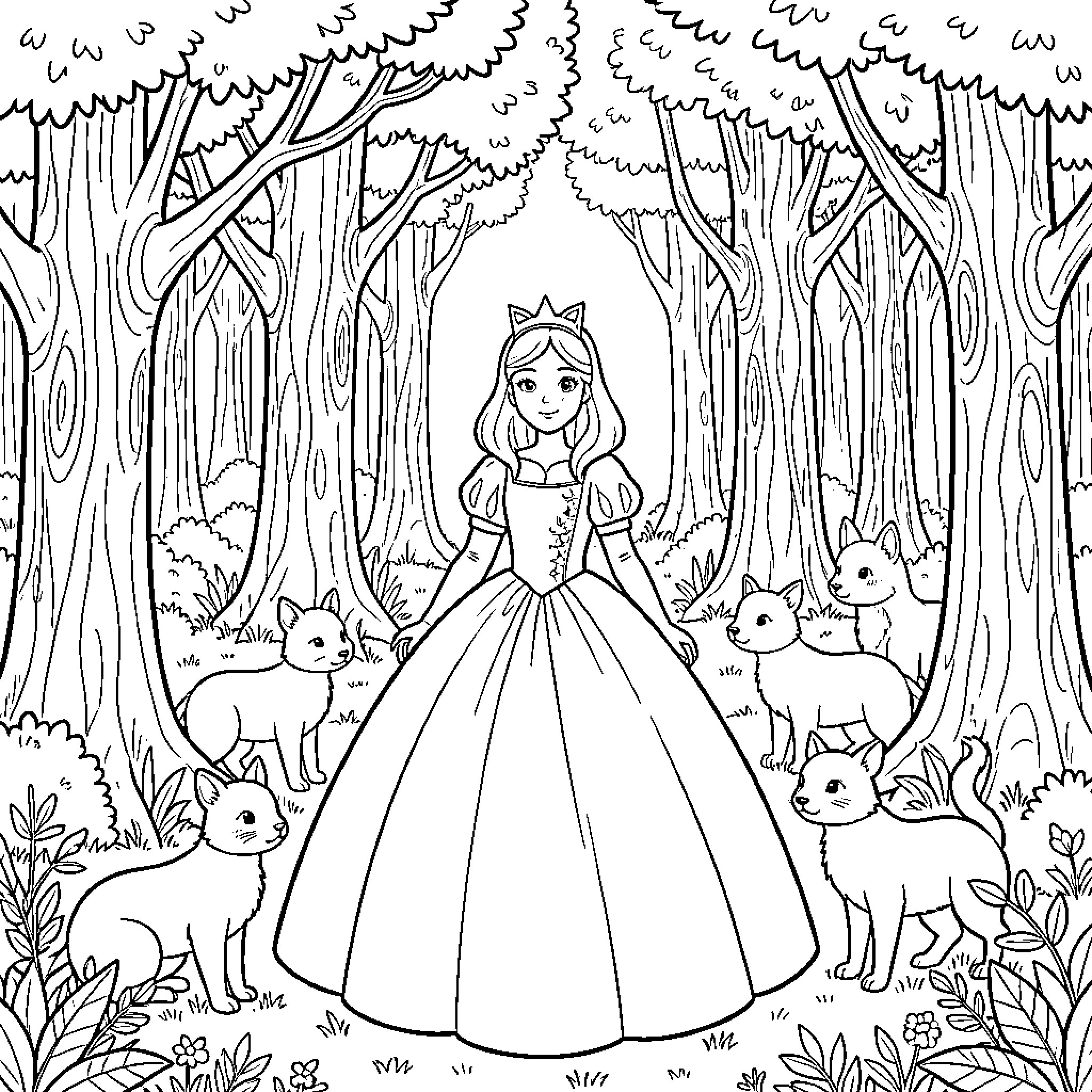 Snow White standing in the forest with small animals Coloring Page (free black-and-white line drawing printable PDF for all, from beginners to advanced learners, including children, teens, adults, and seniors)