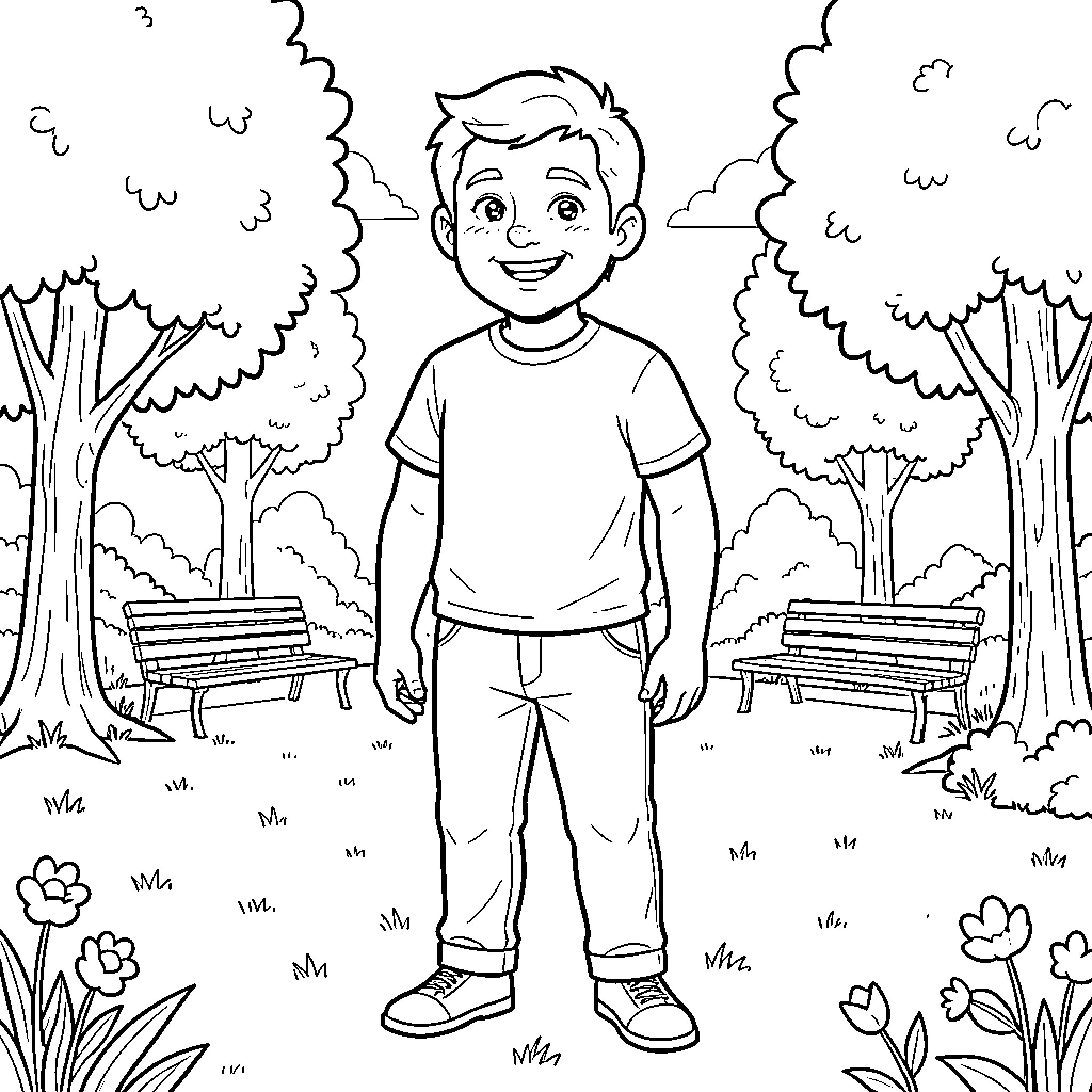 Josiah's Fun Day in the Park Coloring Page (free black-and-white line drawing printable PDF for all, from beginners to advanced learners, including children, teens, adults, and seniors)