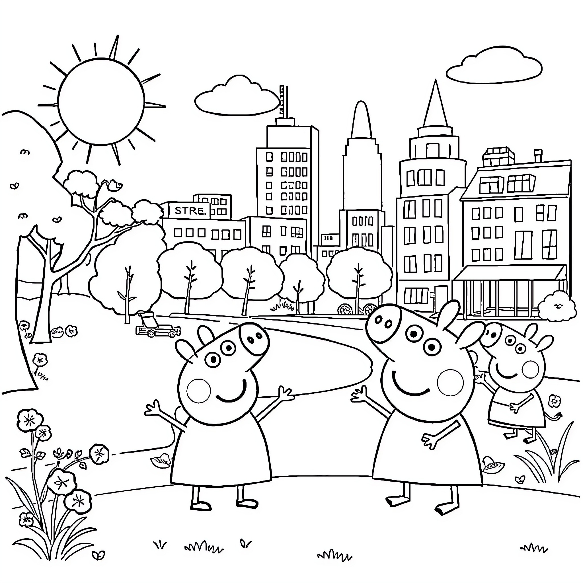 Peppa Pig and friends exploring the city Coloring Page (free black-and-white line drawing printable PDF for all, from beginners to advanced learners, including children, teens, adults, and seniors)
