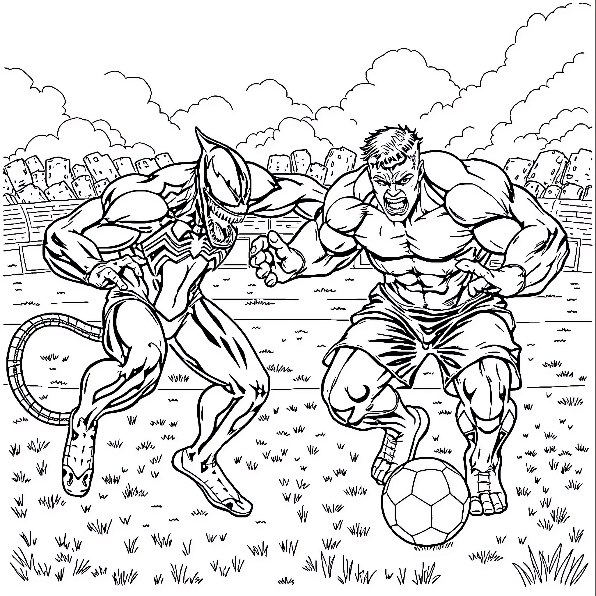 Venom Superheroes Engaged in Outdoor Sports Activity Coloring Page (free black-and-white line drawing printable PDF for all, from beginners to advanced learners, including children, teens, adults, and seniors)