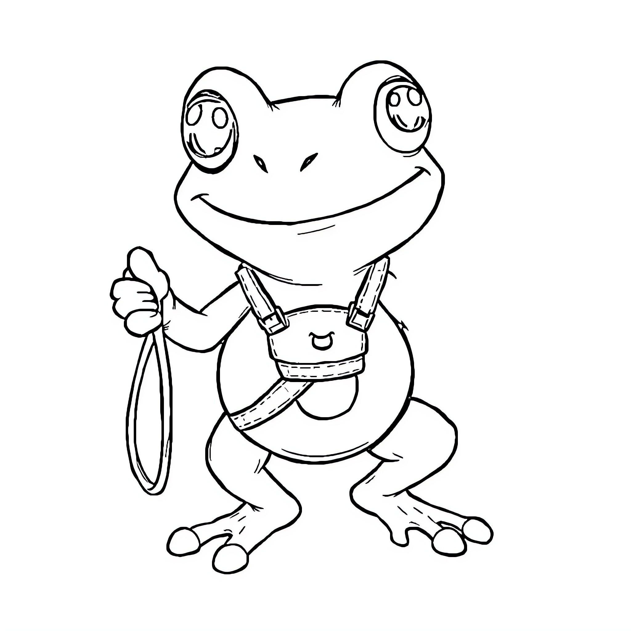 Frog with backpack and leash smiling happily Coloring Page (free black-and-white line drawing printable PDF for all, from beginners to advanced learners, including children, teens, adults, and seniors)