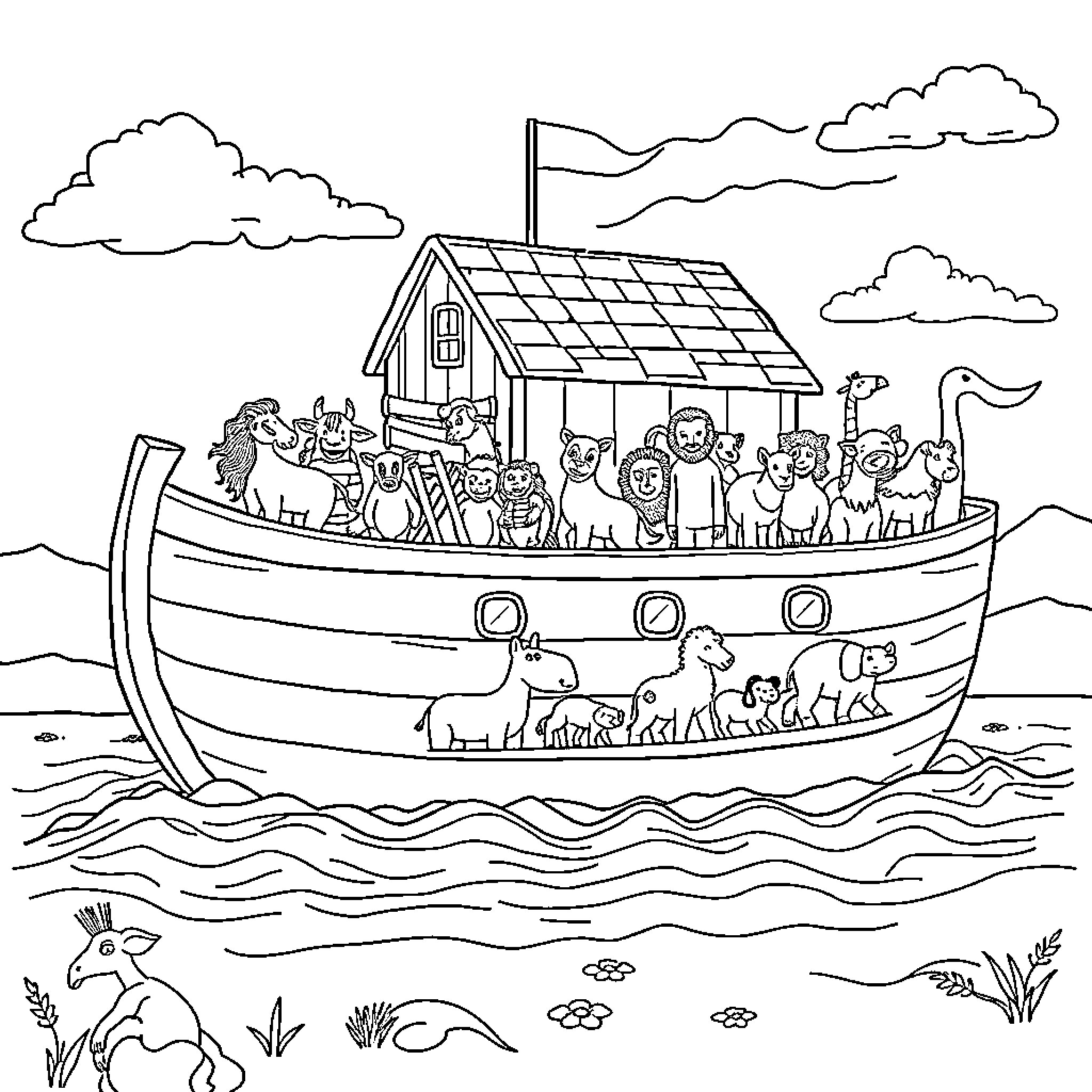 Noah's Ark carrying animals and people on the waves Coloring Page (free black-and-white line drawing printable PDF for all, from beginners to advanced learners, including children, teens, adults, and seniors)