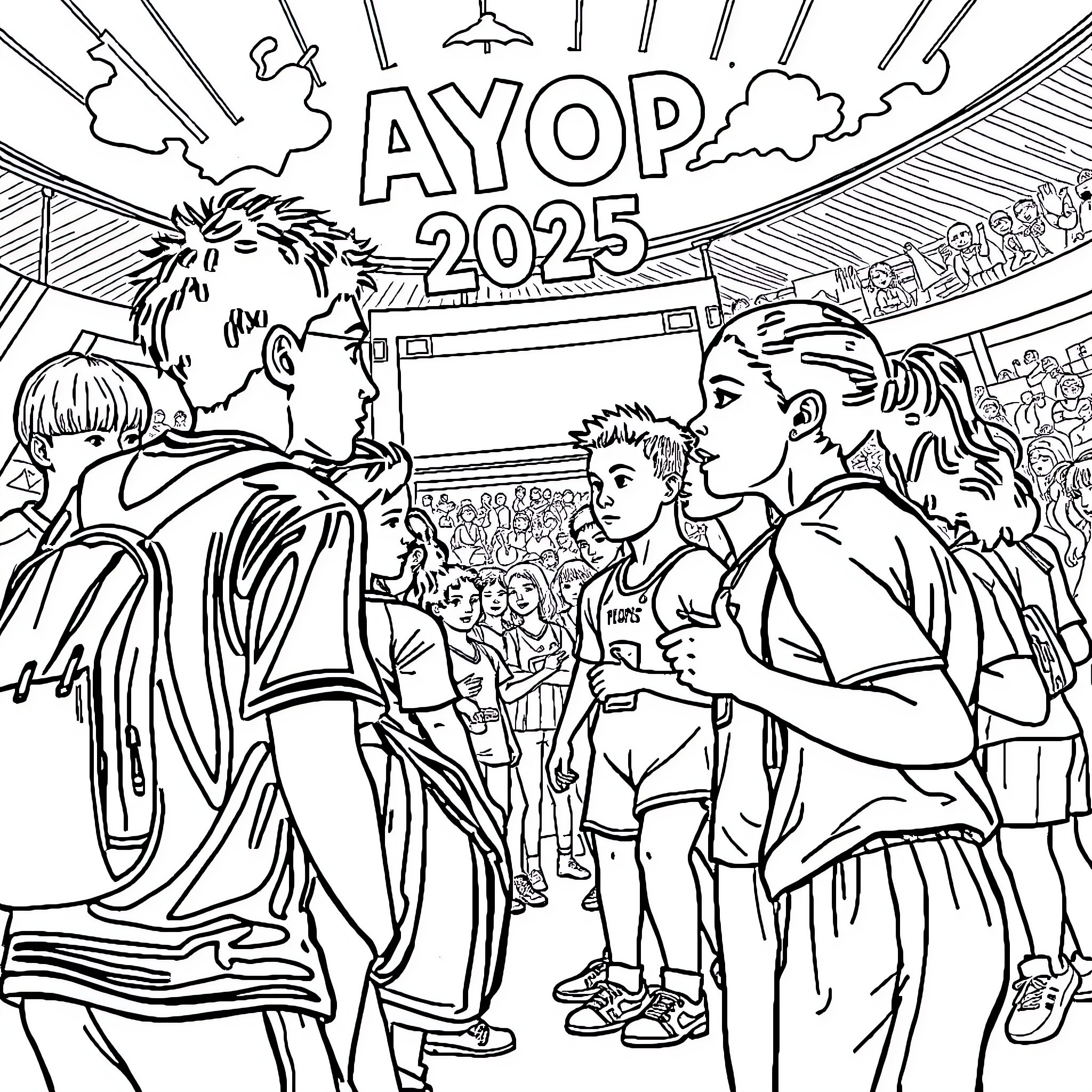 AYOP 2025: Figures Gathered for Celebration Coloring Page (free black-and-white line drawing printable PDF for all, from beginners to advanced learners, including children, teens, adults, and seniors)
