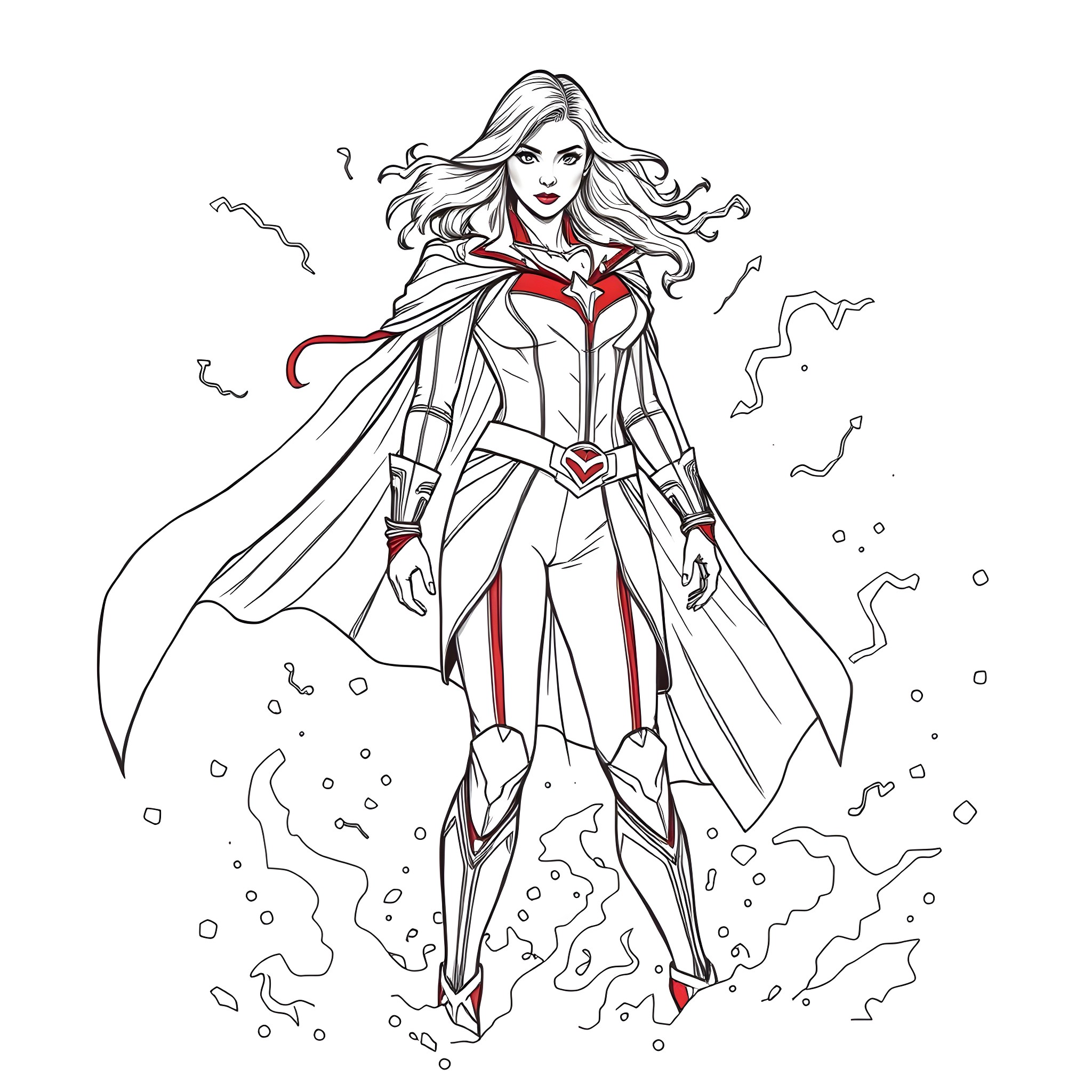 Scarlet Witch in Heroic Stance with Flowing Cloak Coloring Page (free black-and-white line drawing printable PDF for all, from beginners to advanced learners, including children, teens, adults, and seniors)