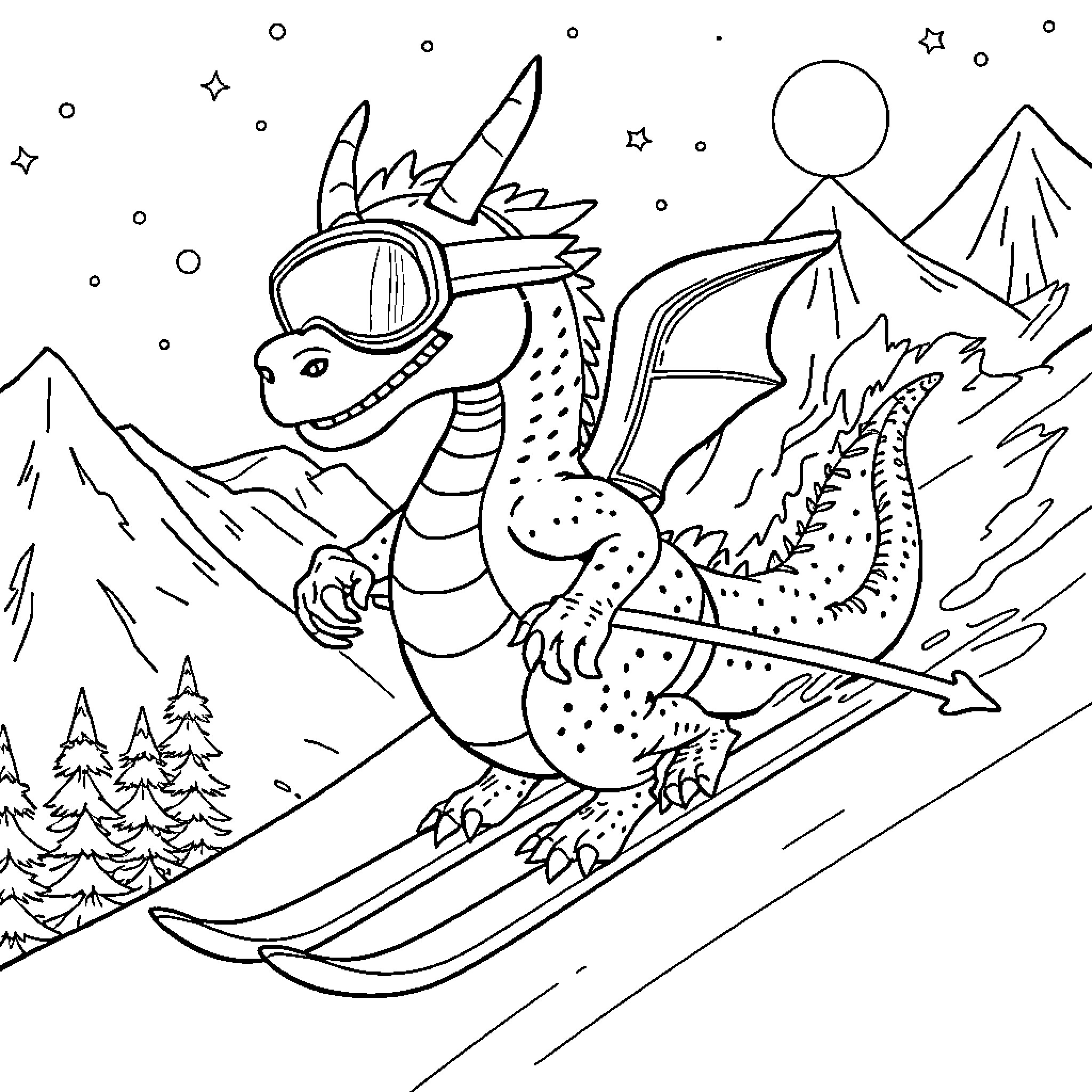 Dragon skiing joyfully in the snowy mountains Coloring Page (free black-and-white line drawing printable PDF for all, from beginners to advanced learners, including children, teens, adults, and seniors)