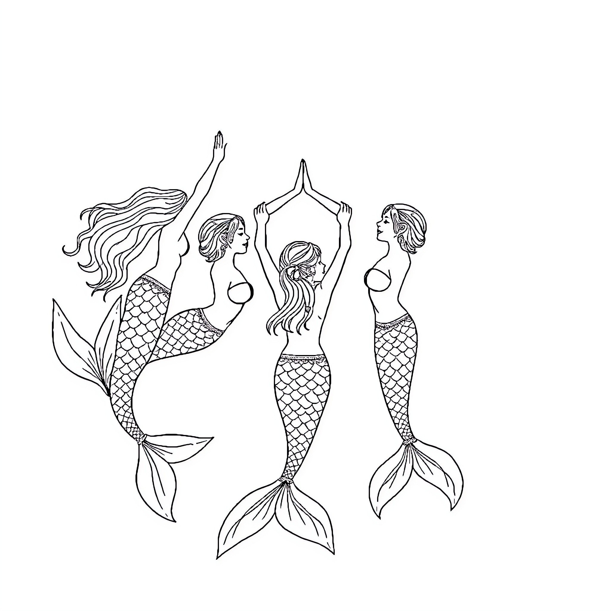 Mermaid dancers performing graceful underwater movements Coloring Page (free black-and-white line drawing printable PDF for all, from beginners to advanced learners, including children, teens, adults, and seniors)