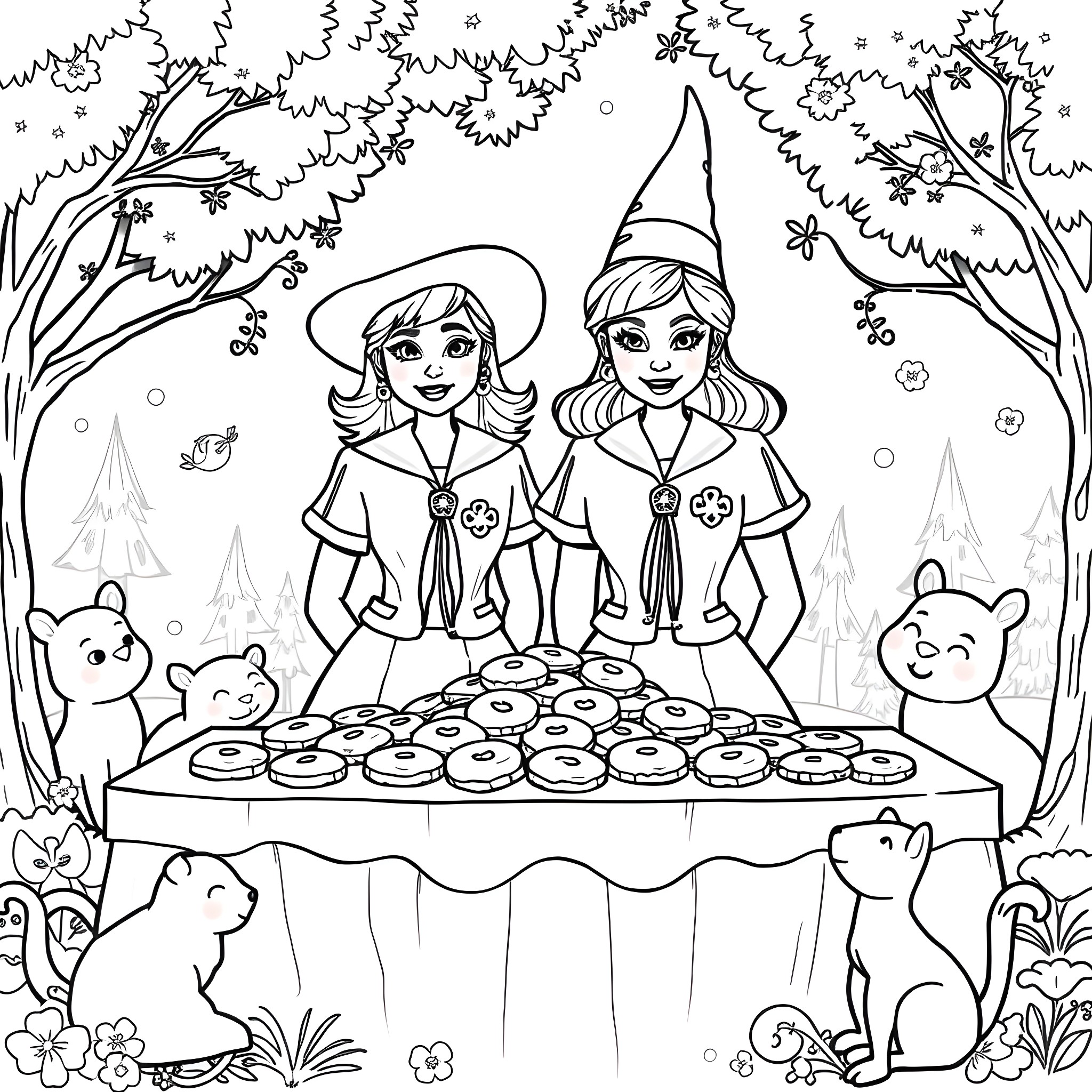 Elphaba and Glinda preparing a picnic in the enchanted forest Coloring Page (free black-and-white line drawing printable PDF for all, from beginners to advanced learners, including children, teens, adults, and seniors)