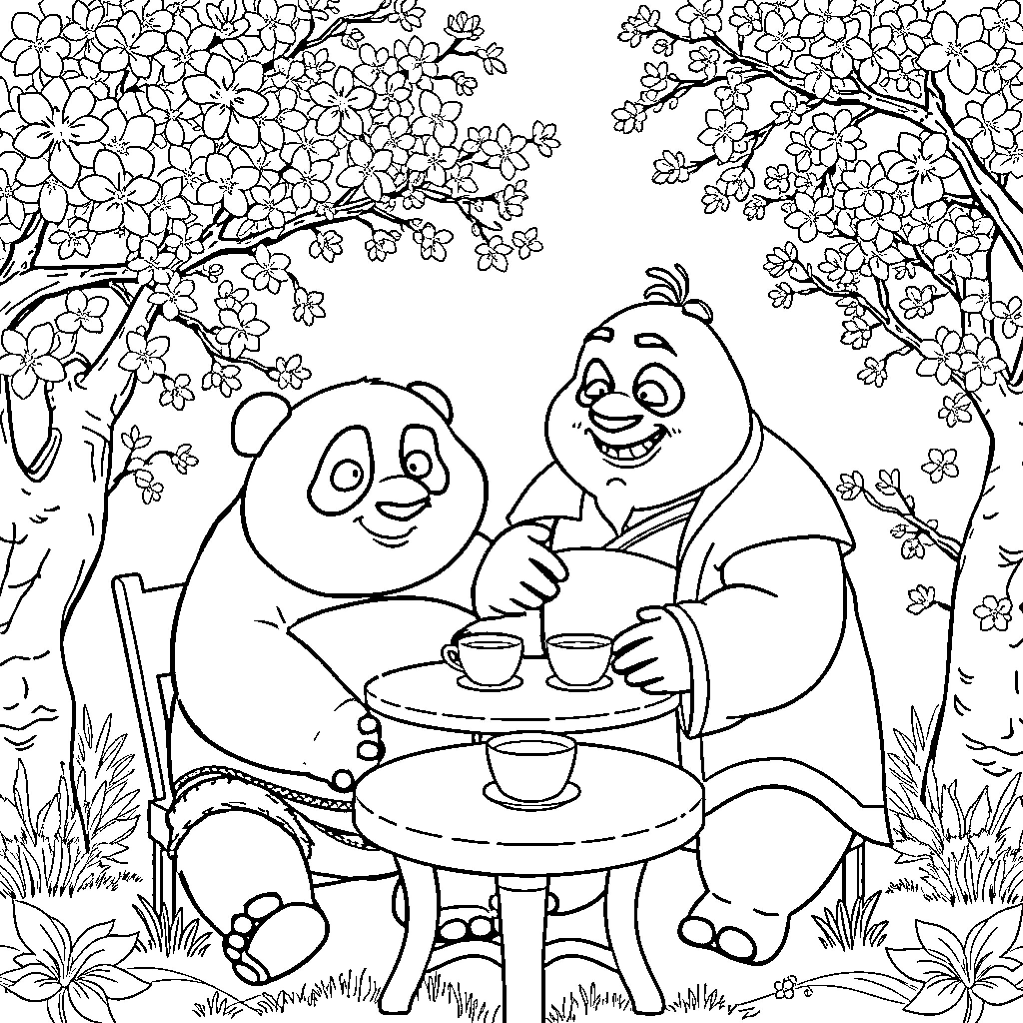 Kung Fu Panda enjoying tea time with friends in a garden Coloring Page (free black-and-white line drawing printable PDF for all, from beginners to advanced learners, including children, teens, adults, and seniors)