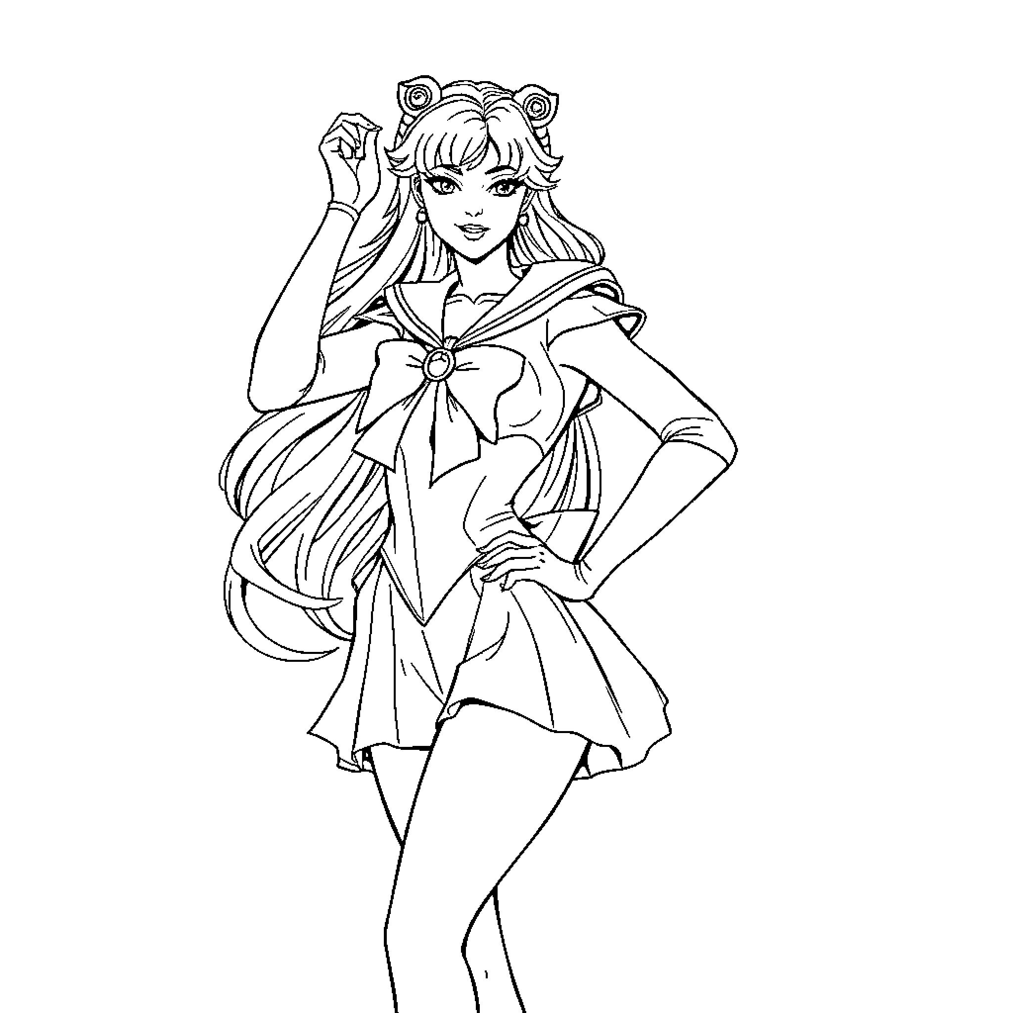 Sailor Venus in Heroic Pose Coloring Page (free black-and-white line drawing printable PDF for all, from beginners to advanced learners, including children, teens, adults, and seniors)