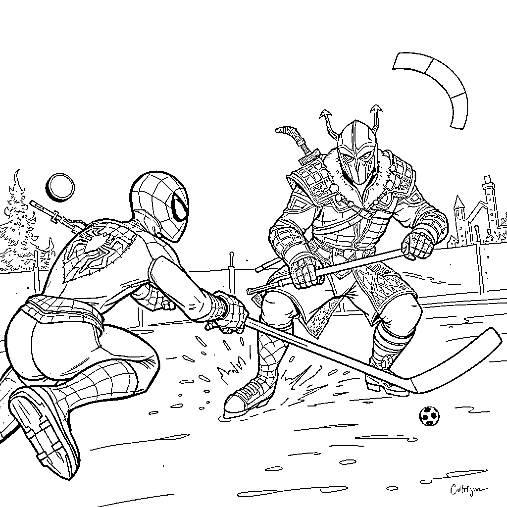 Spiderman confronts a formidable foe in a dramatic showdown Coloring Page (free black-and-white line drawing printable PDF for all, from beginners to advanced learners, including children, teens, adults, and seniors)