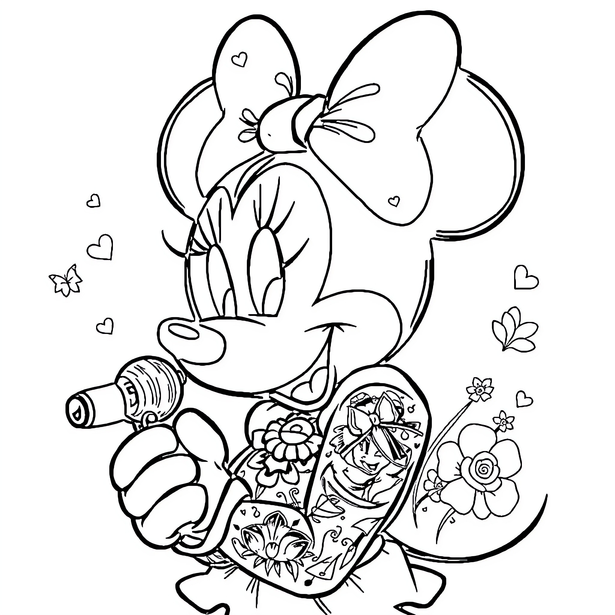 Minnie Mouse enjoying a floral scene Coloring Page (free black-and-white line drawing printable PDF for all, from beginners to advanced learners, including children, teens, adults, and seniors)