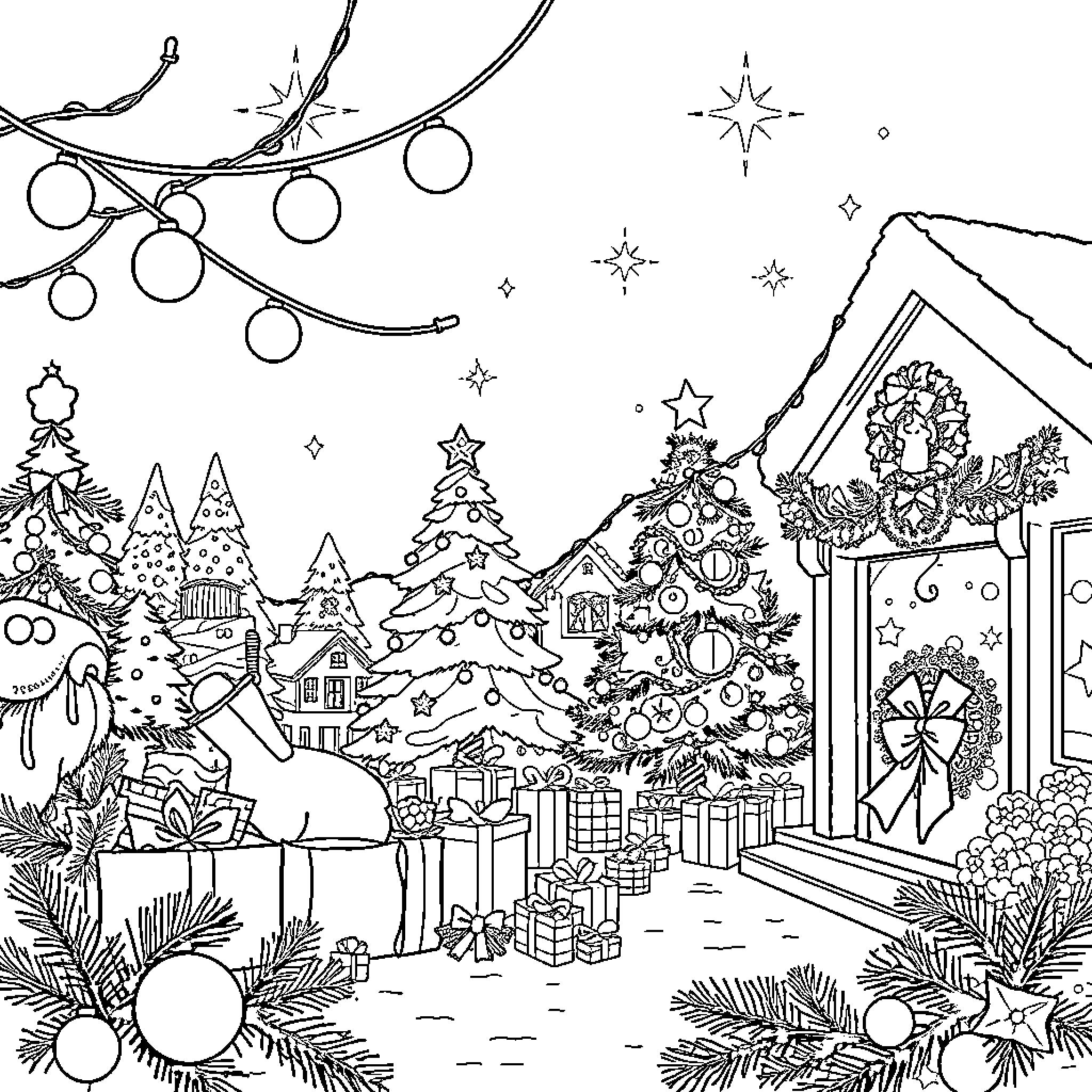 Christmas in a Festive Winter Wonderland Coloring Page (free black-and-white line drawing printable PDF for all, from beginners to advanced learners, including children, teens, adults, and seniors)