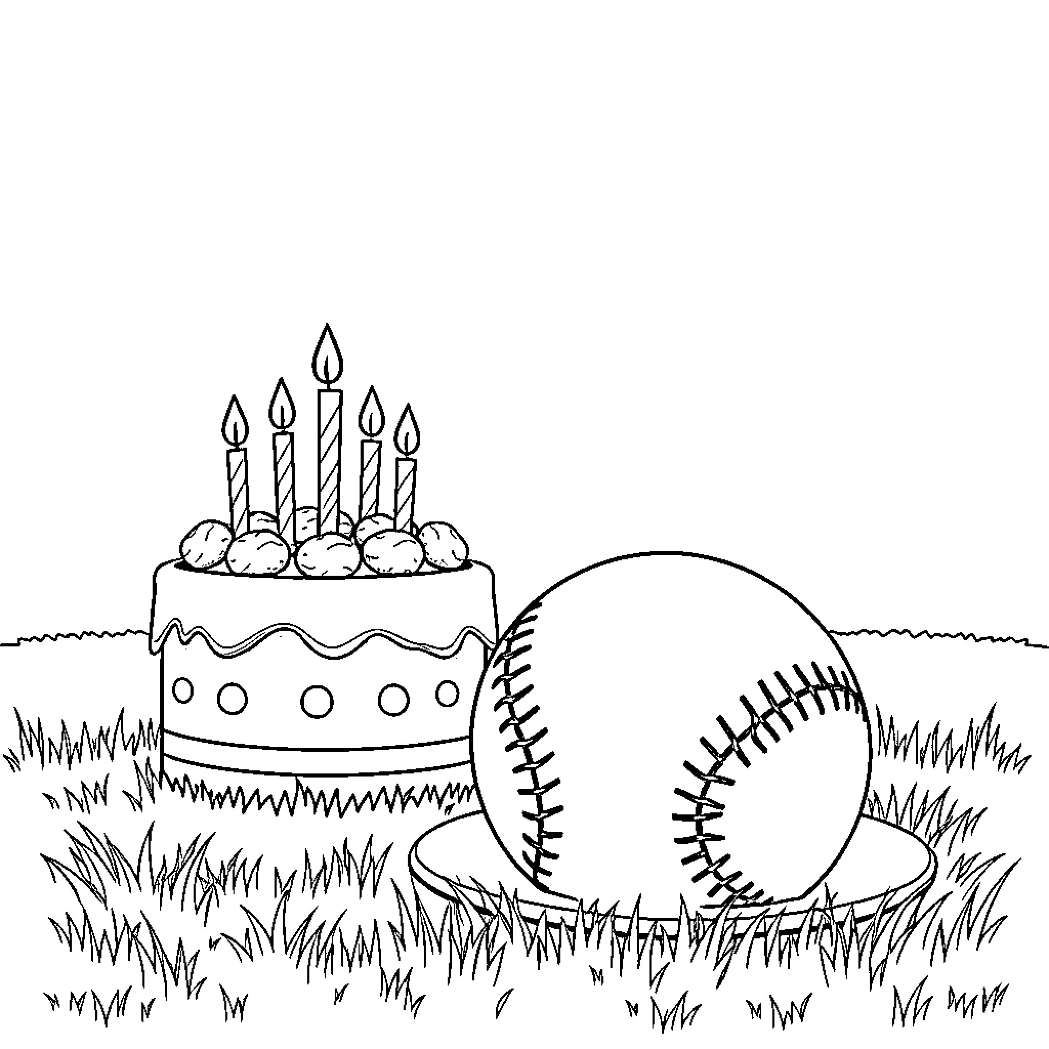 Birthday Cake with Baseball Celebration in Grass Coloring Page (free black-and-white line drawing printable PDF for all, from beginners to advanced learners, including children, teens, adults, and seniors)