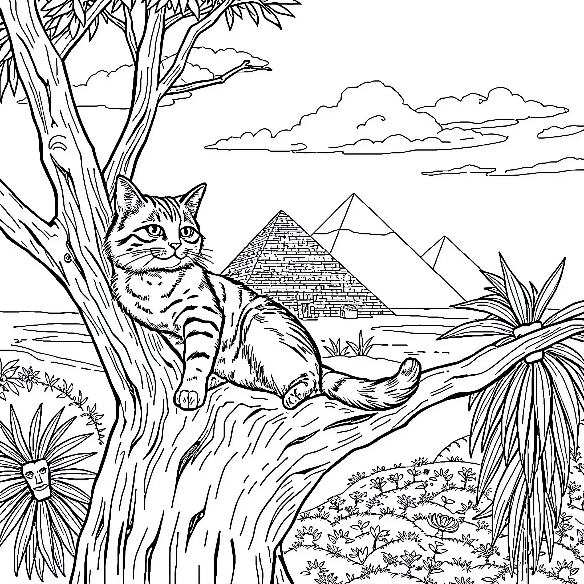 Chat with Egyptian Feline in Scenic Landscape Coloring Page (free black-and-white line drawing printable PDF for all, from beginners to advanced learners, including children, teens, adults, and seniors)