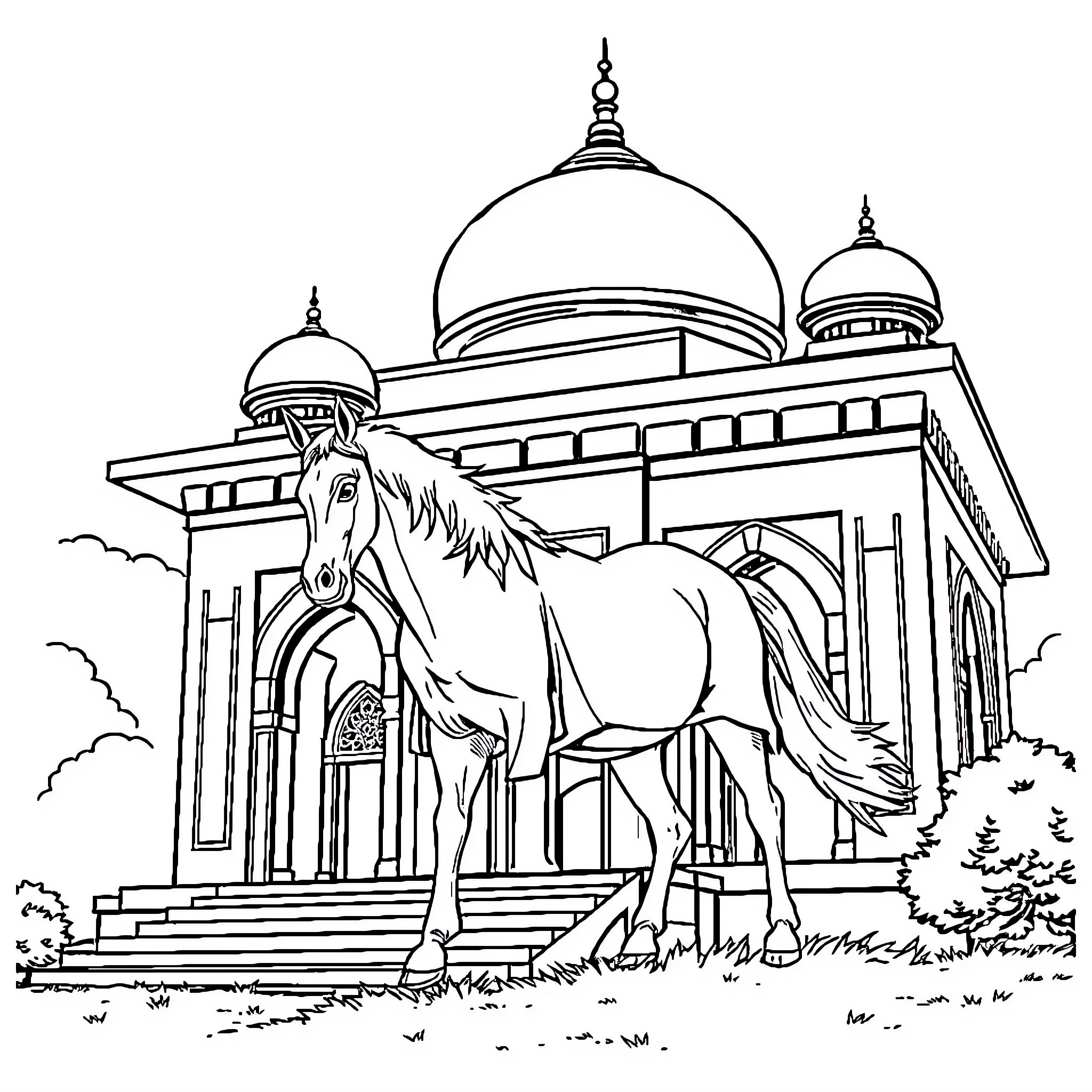 Building with Majestic Horse in the Courtyard Coloring Page (free black-and-white line drawing printable PDF for all, from beginners to advanced learners, including children, teens, adults, and seniors)
