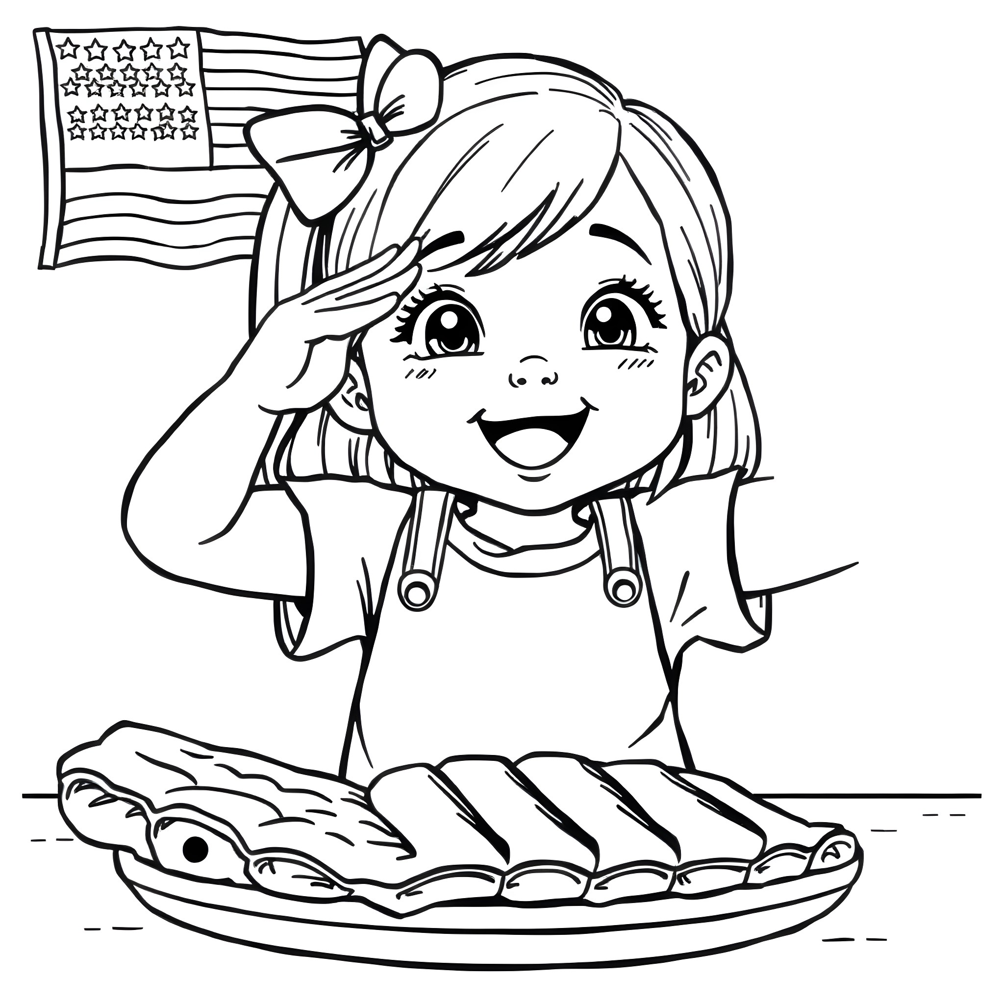 Girl saluting with American flag and food Coloring Page (free black-and-white line drawing printable PDF for all, from beginners to advanced learners, including children, teens, adults, and seniors)