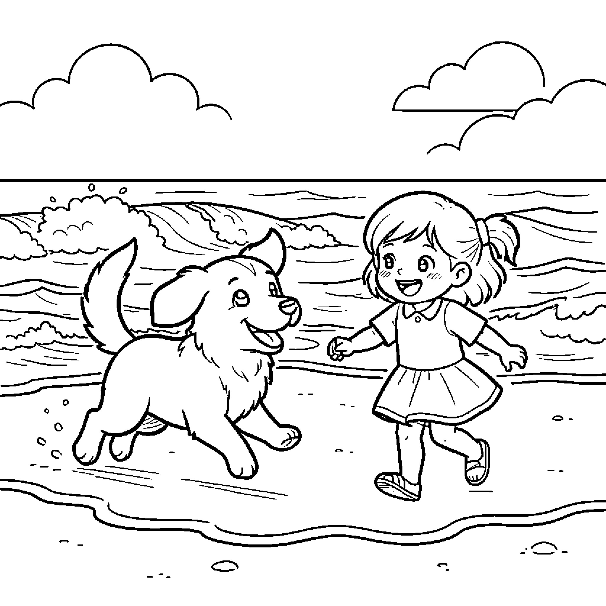 Dog running happily alongside a girl on the beach Coloring Page (free black-and-white line drawing printable PDF for all, from beginners to advanced learners, including children, teens, adults, and seniors)