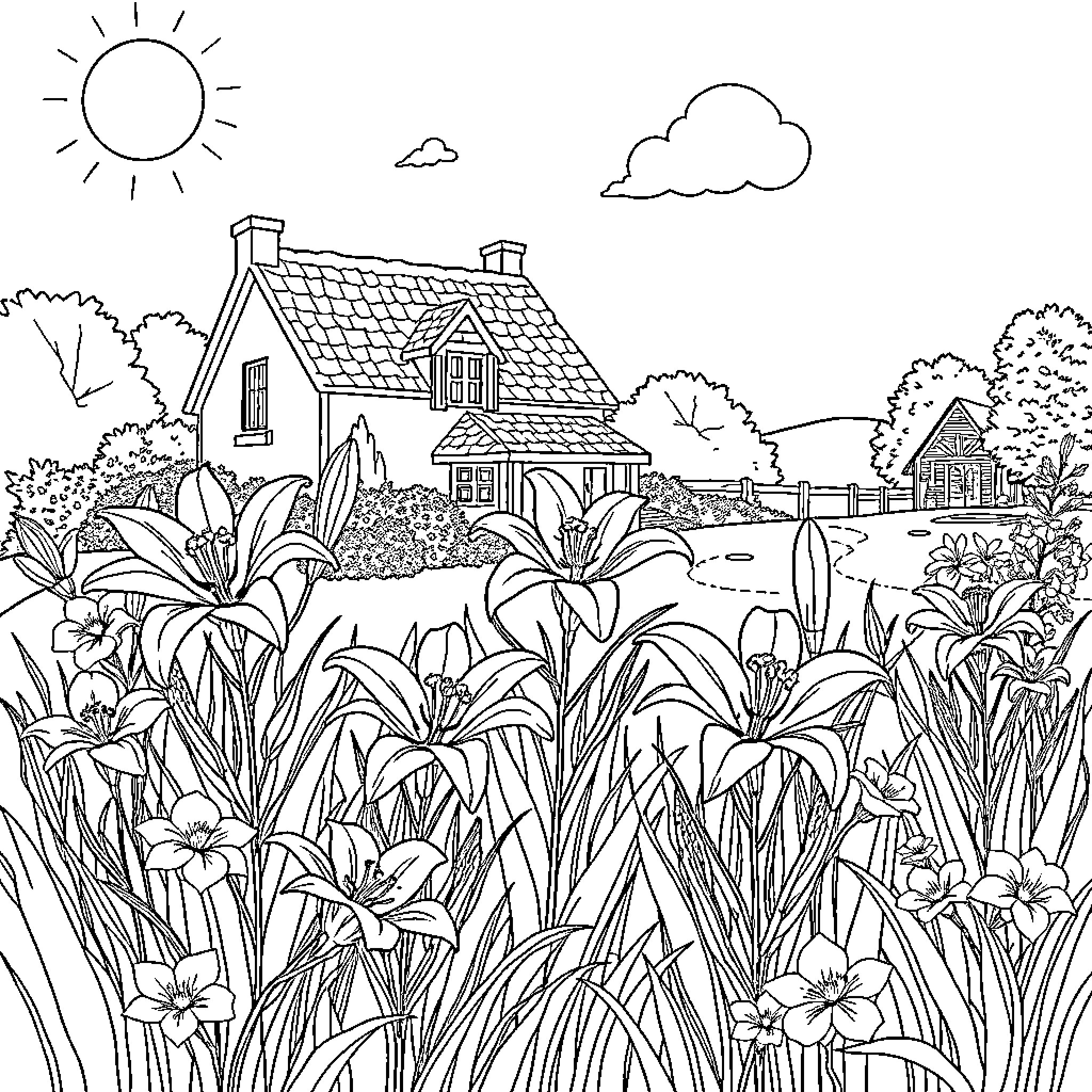 Lily's Enchanted Garden Retreat Coloring Page (free black-and-white line drawing printable PDF for all, from beginners to advanced learners, including children, teens, adults, and seniors)