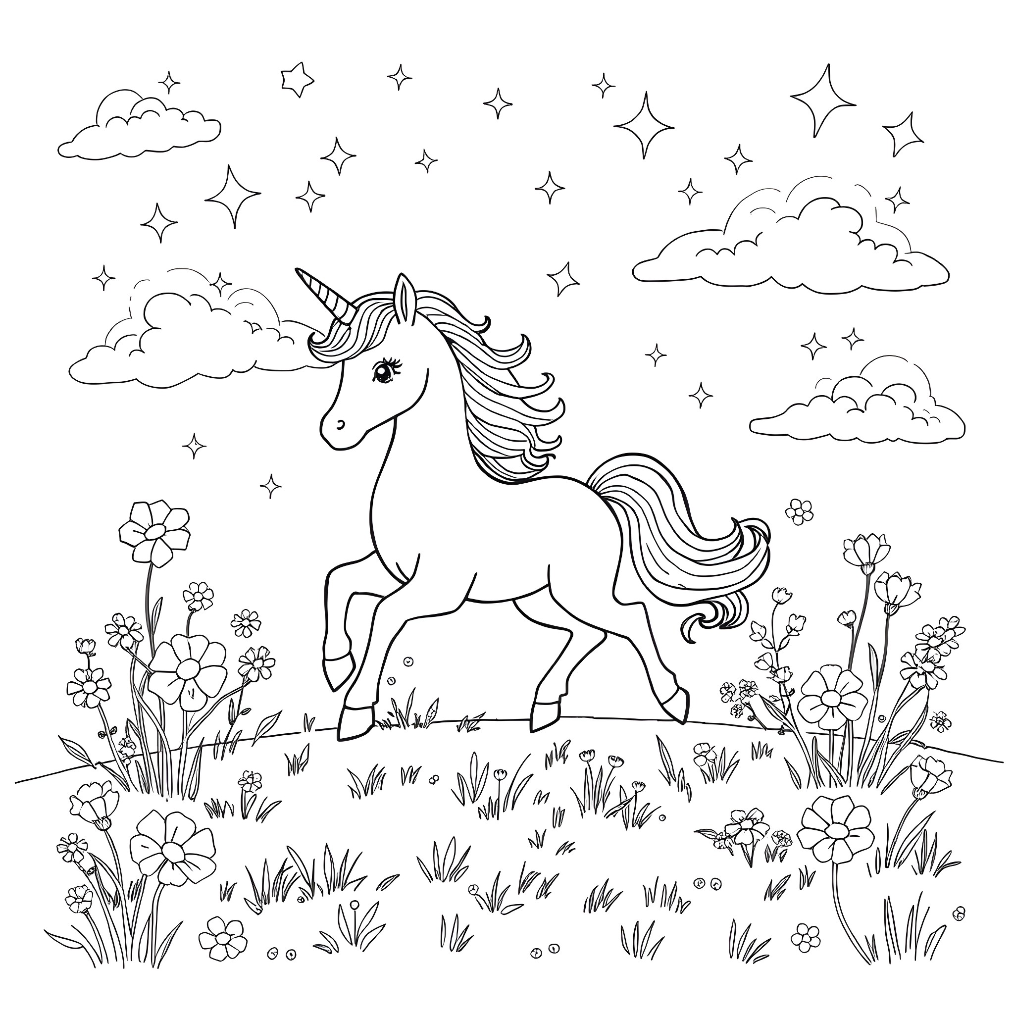 Unicorn galloping through a magical meadow Coloring Page (free black-and-white line drawing printable PDF for all, from beginners to advanced learners, including children, teens, adults, and seniors)