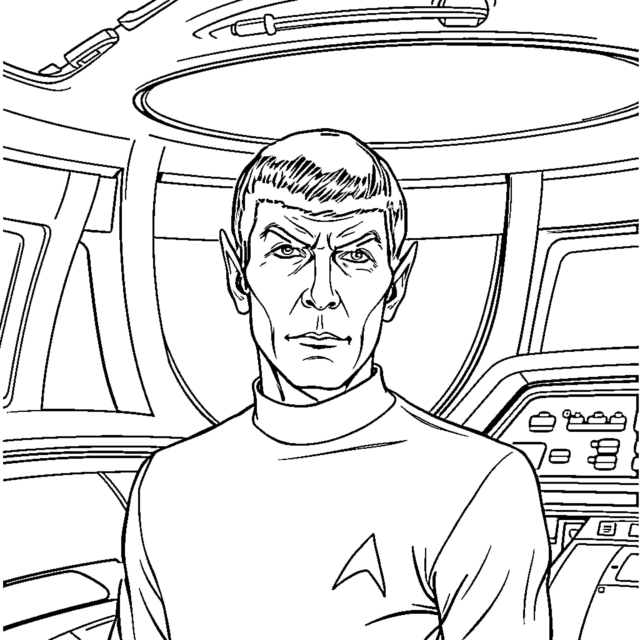 Spock on the bridge of the Enterprise Coloring Page (free black-and-white line drawing printable PDF for all, from beginners to advanced learners, including children, teens, adults, and seniors)