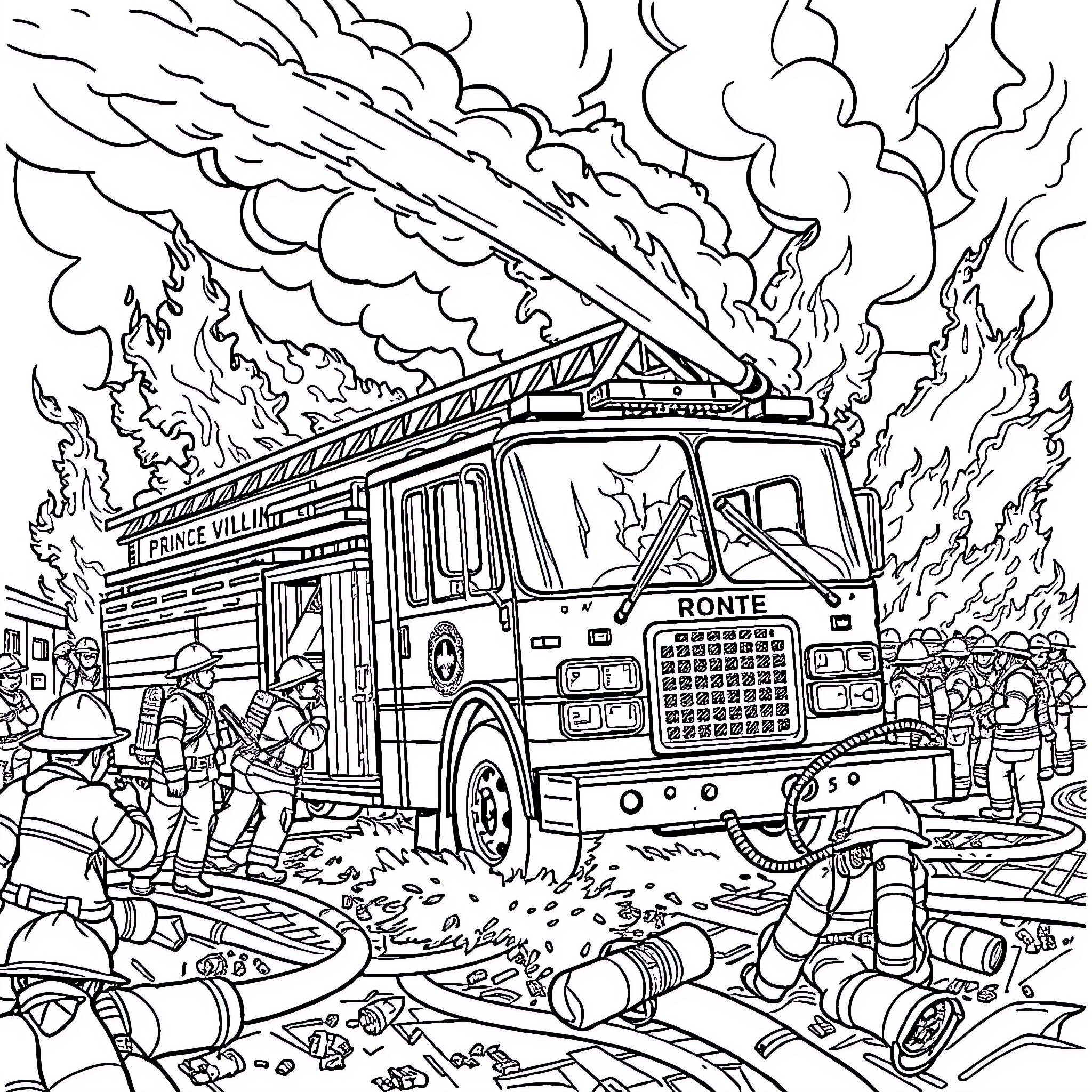 Fire Truck at a Raging Fire Scene Coloring Page (free black-and-white line drawing printable PDF for all, from beginners to advanced learners, including children, teens, adults, and seniors)