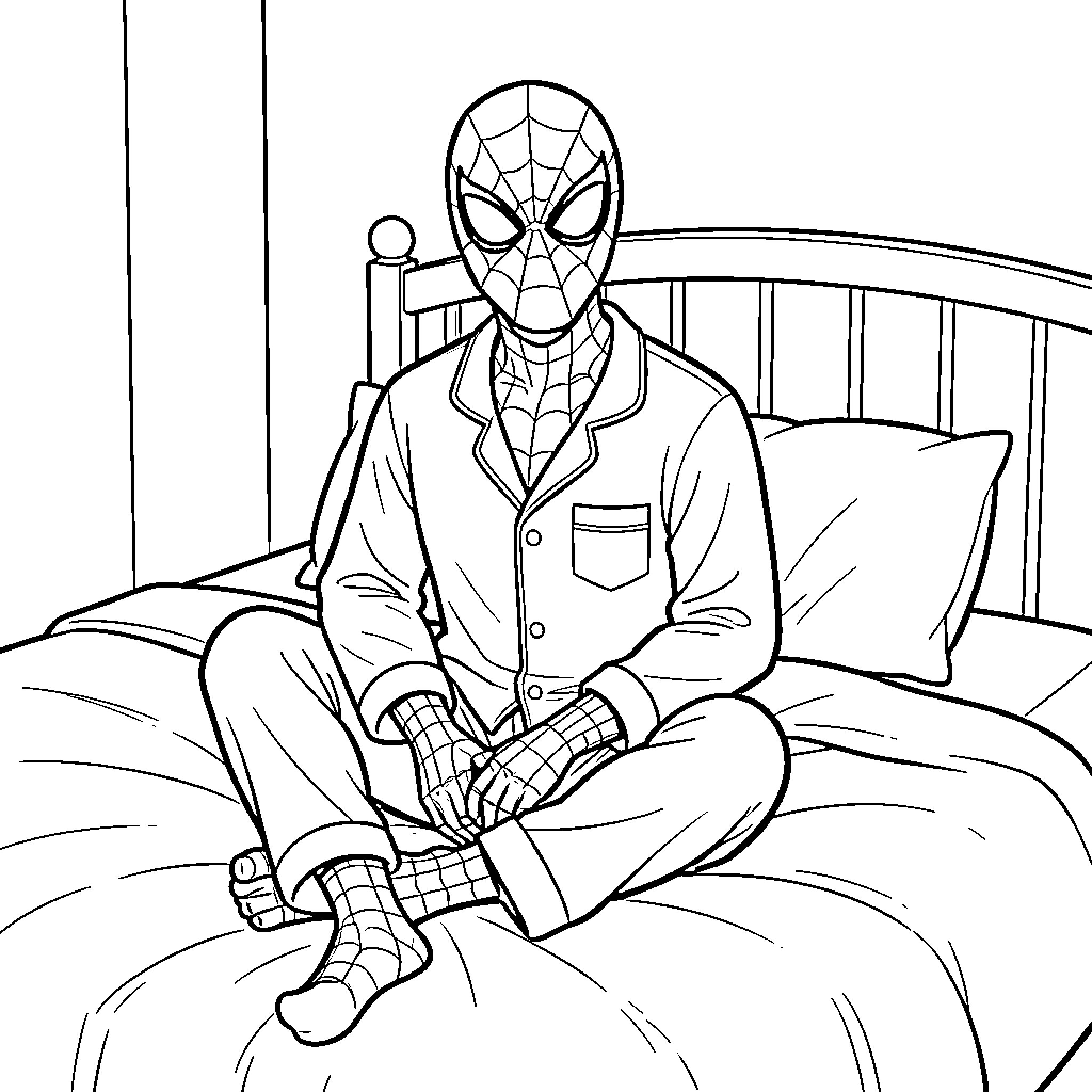 Spiderman sitting cross-legged on a bed wearing pajamas Coloring Page (free black-and-white line drawing printable PDF for all, from beginners to advanced learners, including children, teens, adults, and seniors)