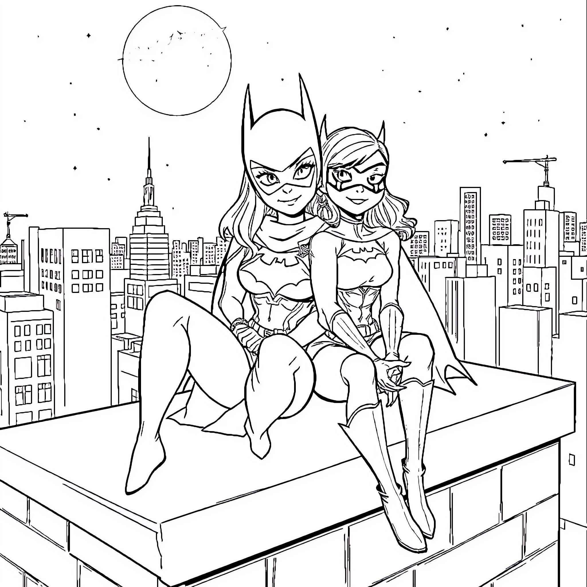 Cassandra Cain and her companion exploring the city skyline Coloring Page (free black-and-white line drawing printable PDF for all, from beginners to advanced learners, including children, teens, adults, and seniors)