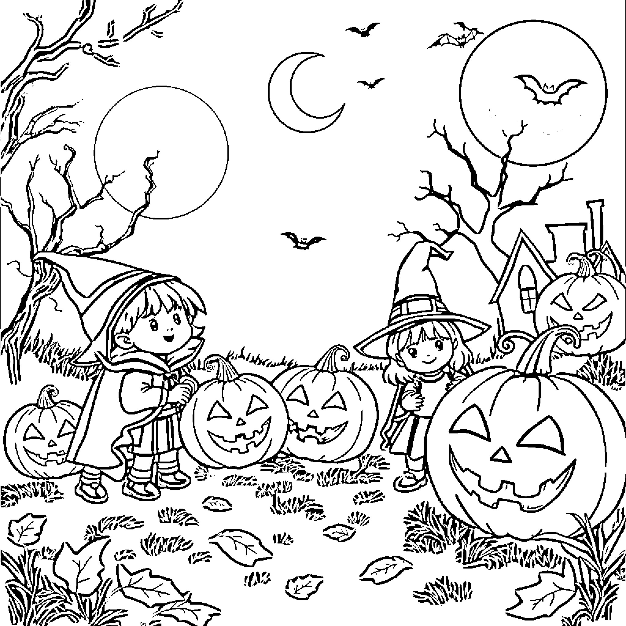 Halloween kids trick-or-treating with pumpkins Coloring Page (free black-and-white line drawing printable PDF for all, from beginners to advanced learners, including children, teens, adults, and seniors)
