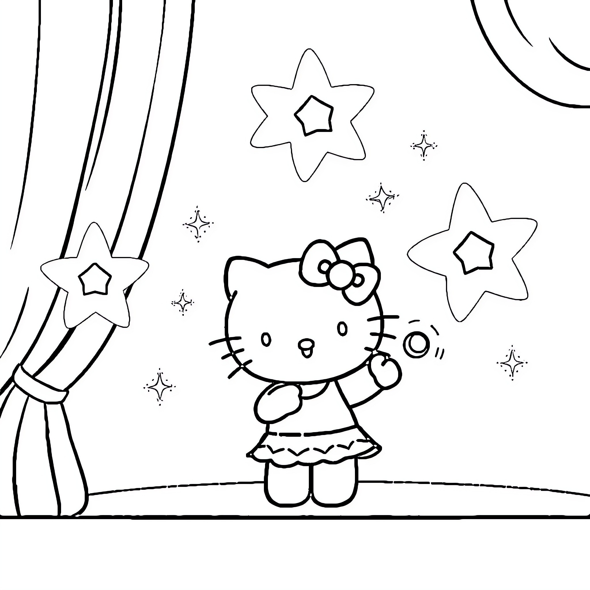 Hello Kitty playing under the starry night sky Coloring Page (free black-and-white line drawing printable PDF for all, from beginners to advanced learners, including children, teens, adults, and seniors)