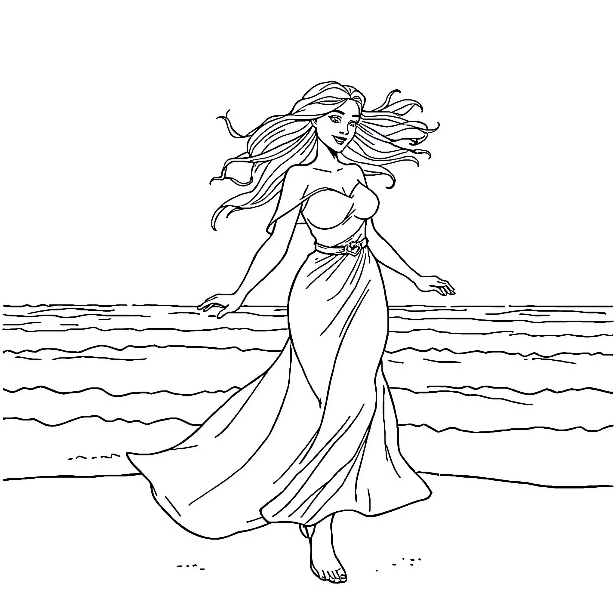 Reine des Neiges: Serene Mermaid by the Sea Coloring Page (free black-and-white line drawing printable PDF for all, from beginners to advanced learners, including children, teens, adults, and seniors)