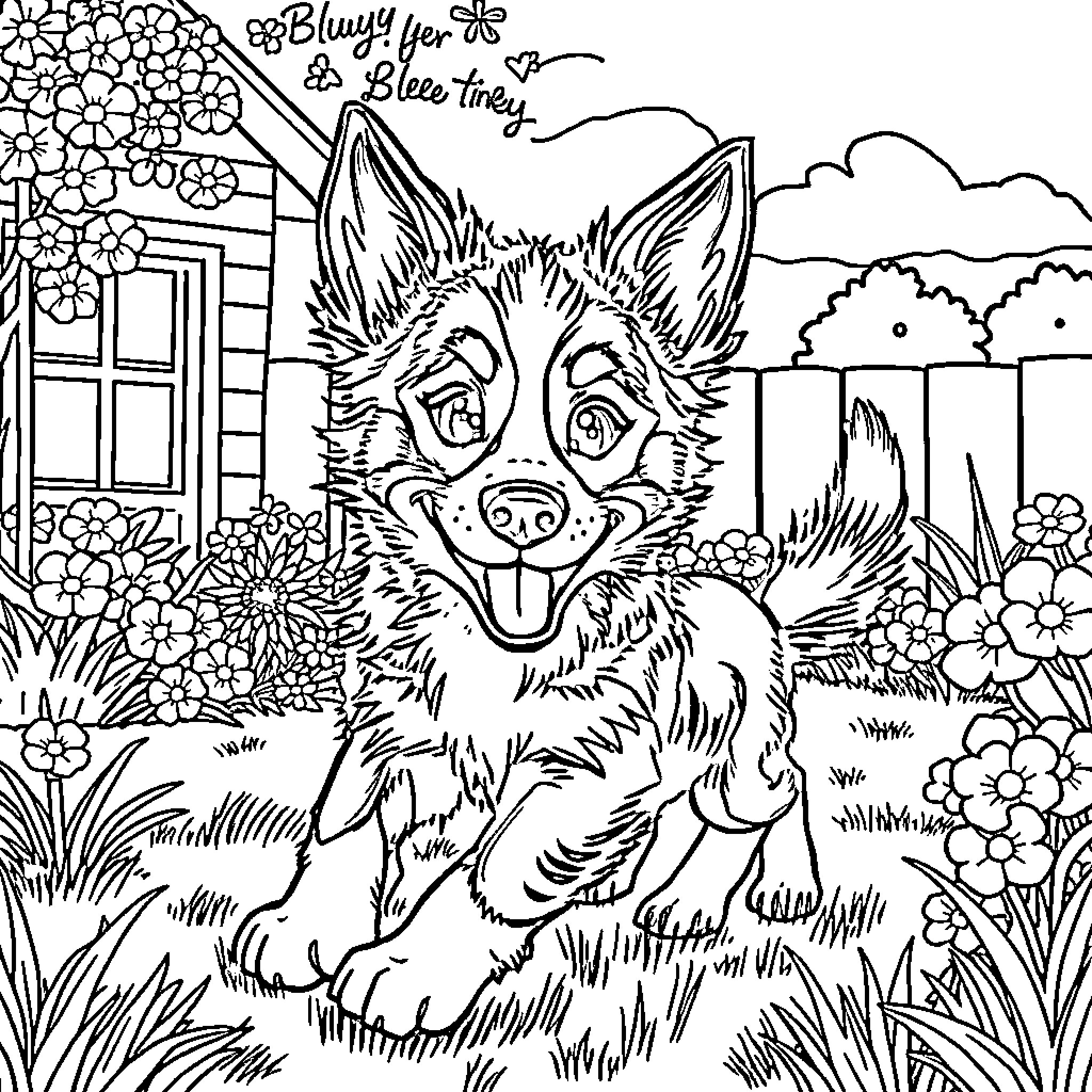 Bluey Playing Happily in a Floral Garden Coloring Page (free black-and-white line drawing printable PDF for all, from beginners to advanced learners, including children, teens, adults, and seniors)