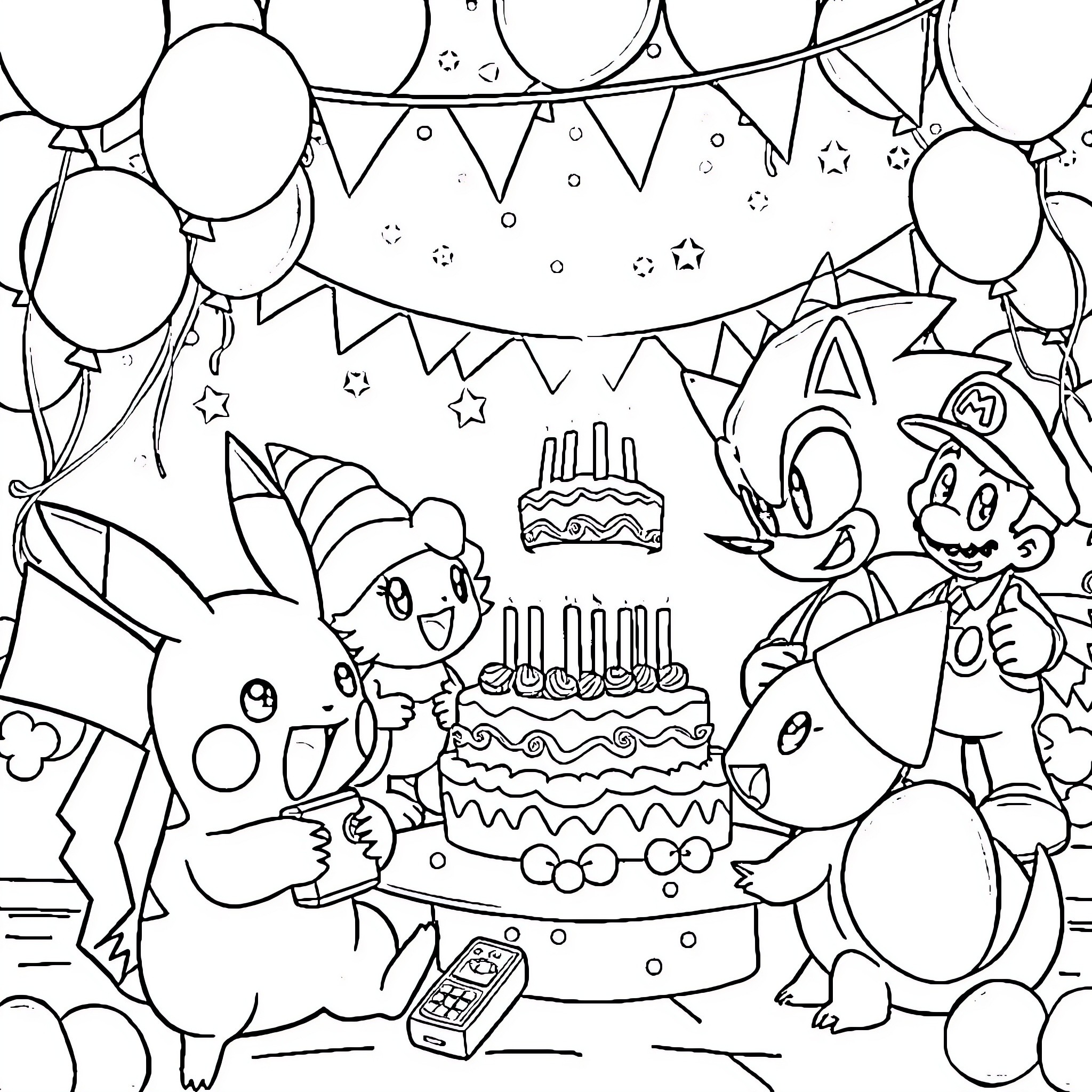 Pikachu and Friends Celebrate with Birthday Cake Coloring Page (free black-and-white line drawing printable PDF for all, from beginners to advanced learners, including children, teens, adults, and seniors)