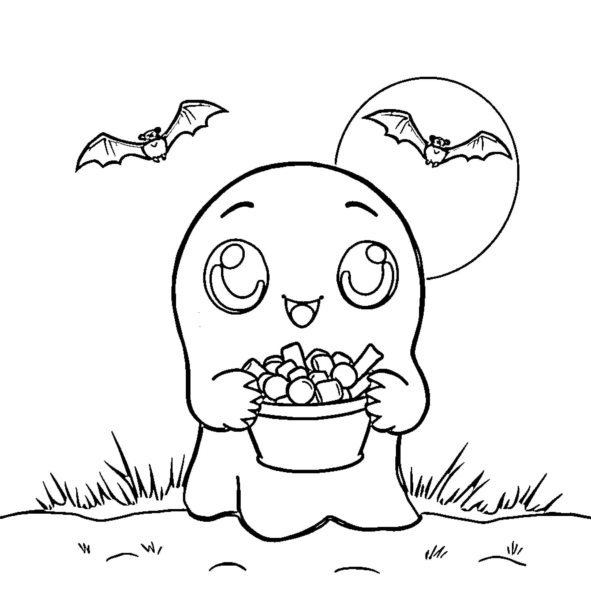 Ghost collecting candy under the moonlight Coloring Page (free black-and-white line drawing printable PDF for all, from beginners to advanced learners, including children, teens, adults, and seniors)